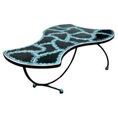 Vintage 1960s Biomorphic Free Form Black and Blue Tile Coffee Table