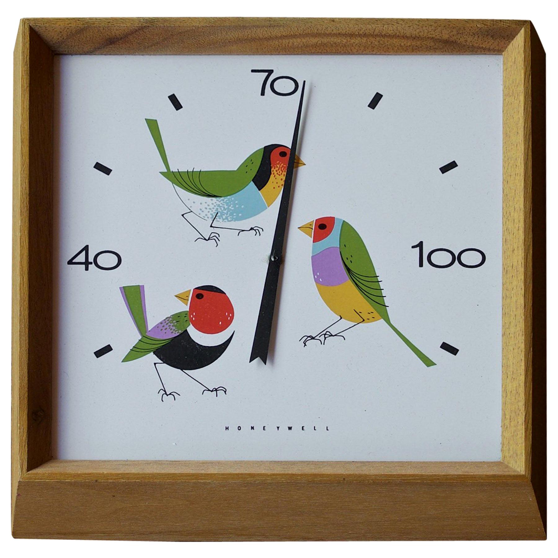 1960s Birds Enamel Thermometer Walnut Wall Temperature Charlie Harper Attributed For Sale