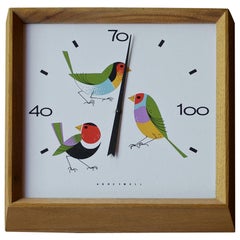 thermomètre mural en émail avec oiseaux et thermomètre en noyer, attribué à Charlie Harper, années 1960