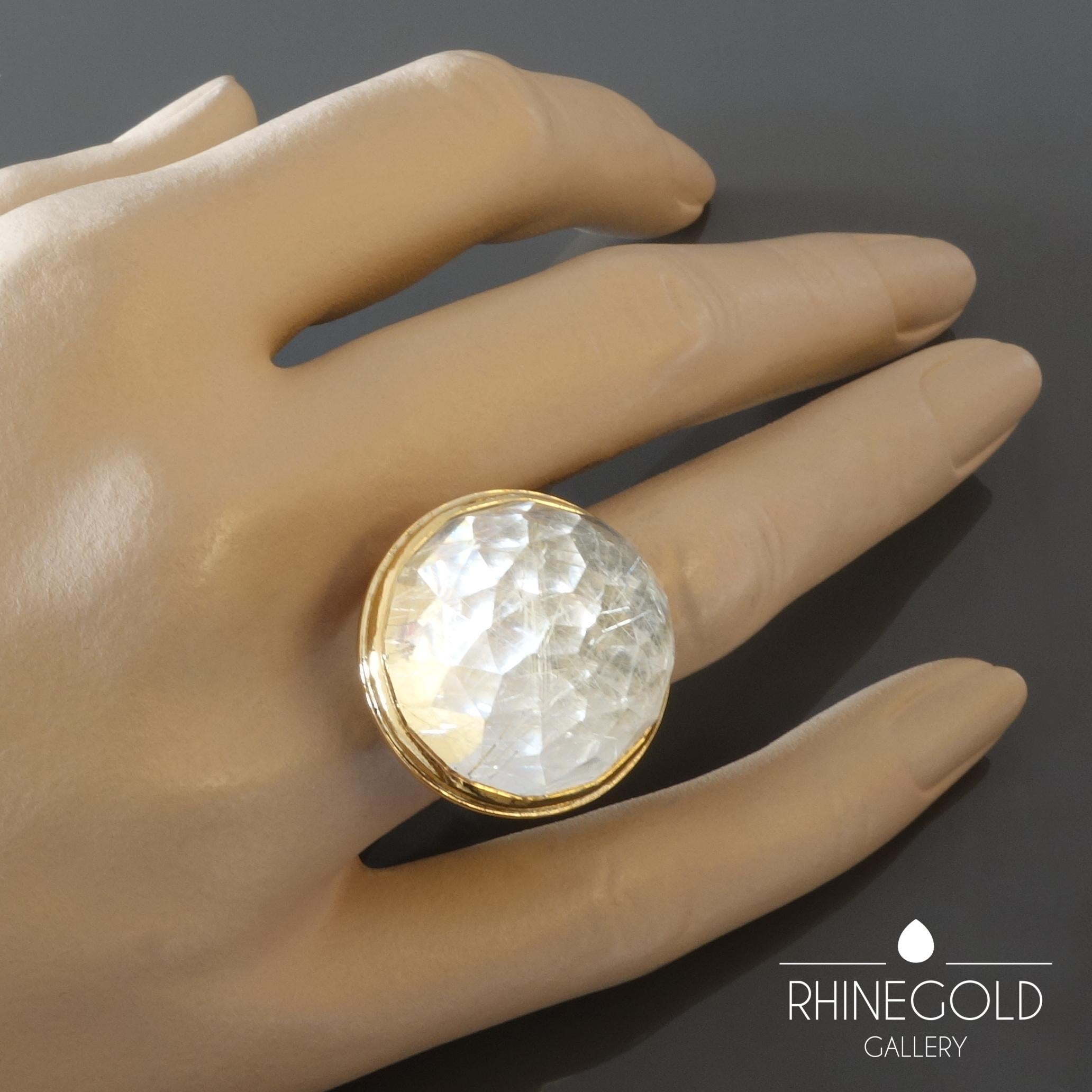 Birger Haglund Scandinavian Modernist Rutilated Quartz Gold Ring
18k rose gold, rutilated quartz
Ring head Ø 2.4 cm (approx. 15/16”), approx. 2.0 cm (13/16”) high
Ring size: Ø 17.2 mm = EU 54 / US 6 3/4 / ASIA 13.5
Weight approx. 21.7 grams
Marks: