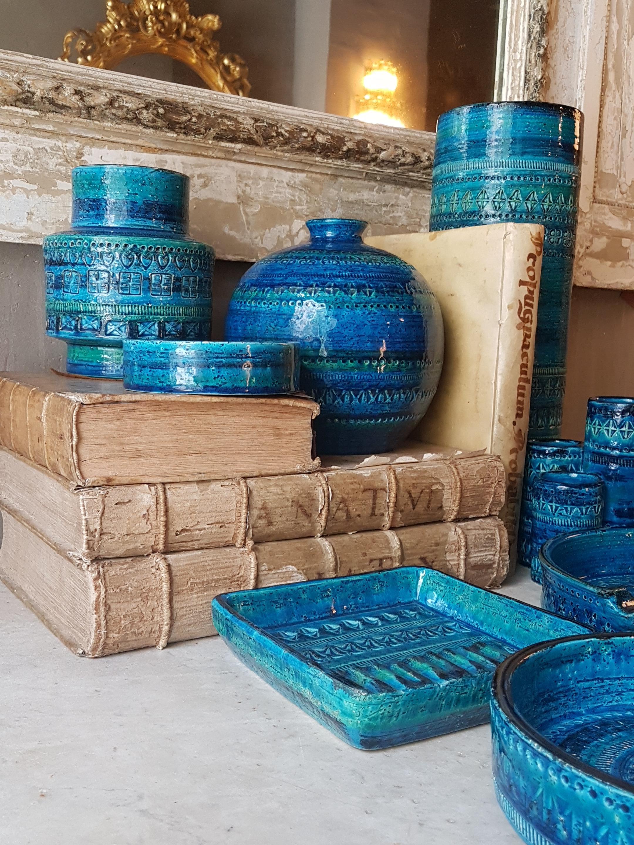 Mid-Century Modern Aldo Londi Bitossi Rimini Blue Glazed Ceramic Rectangular Bowl 