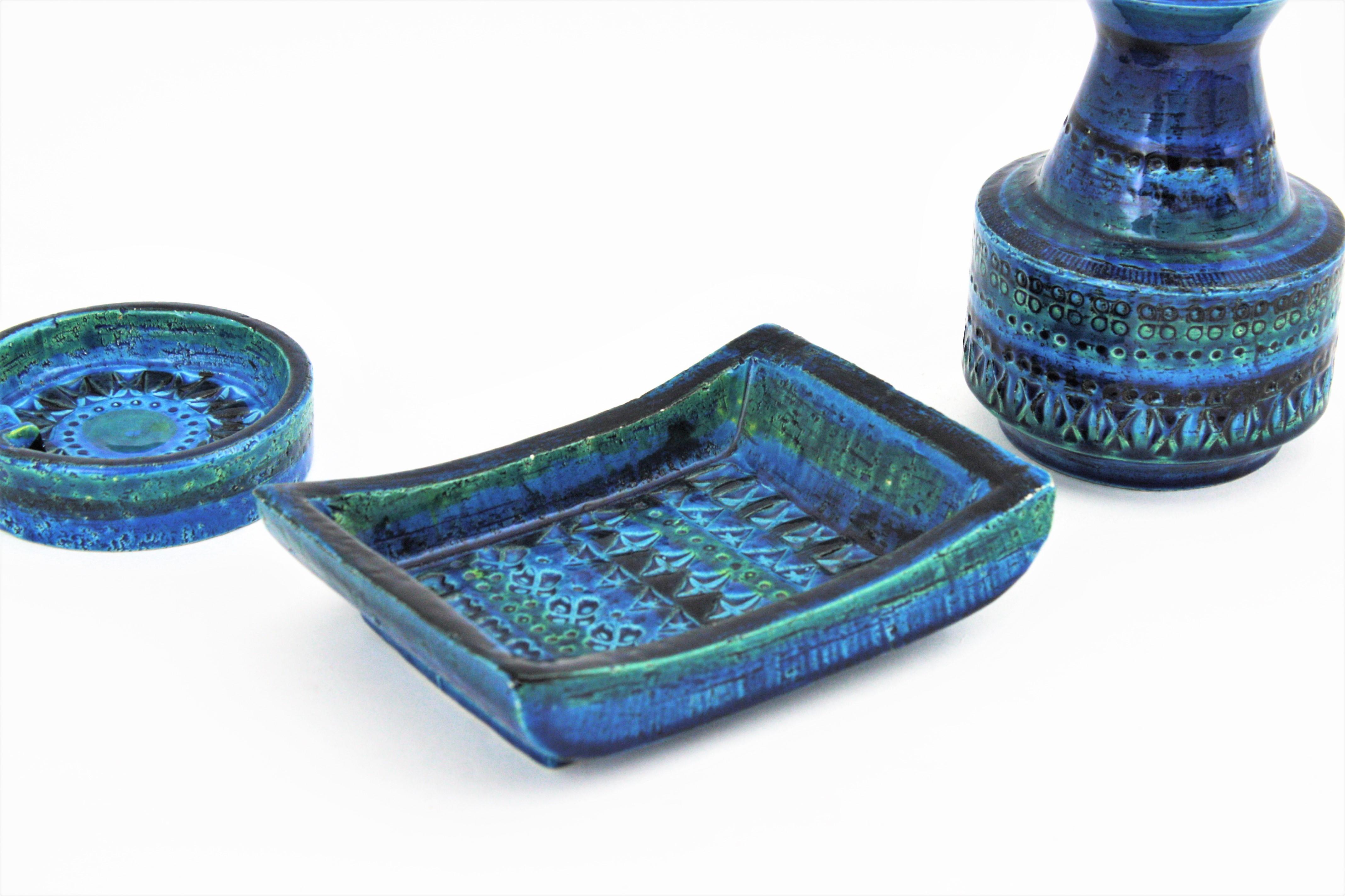 Italian Aldo Londi Bitossi Rimini Blue Glazed Ceramic Rectangular Bowl 