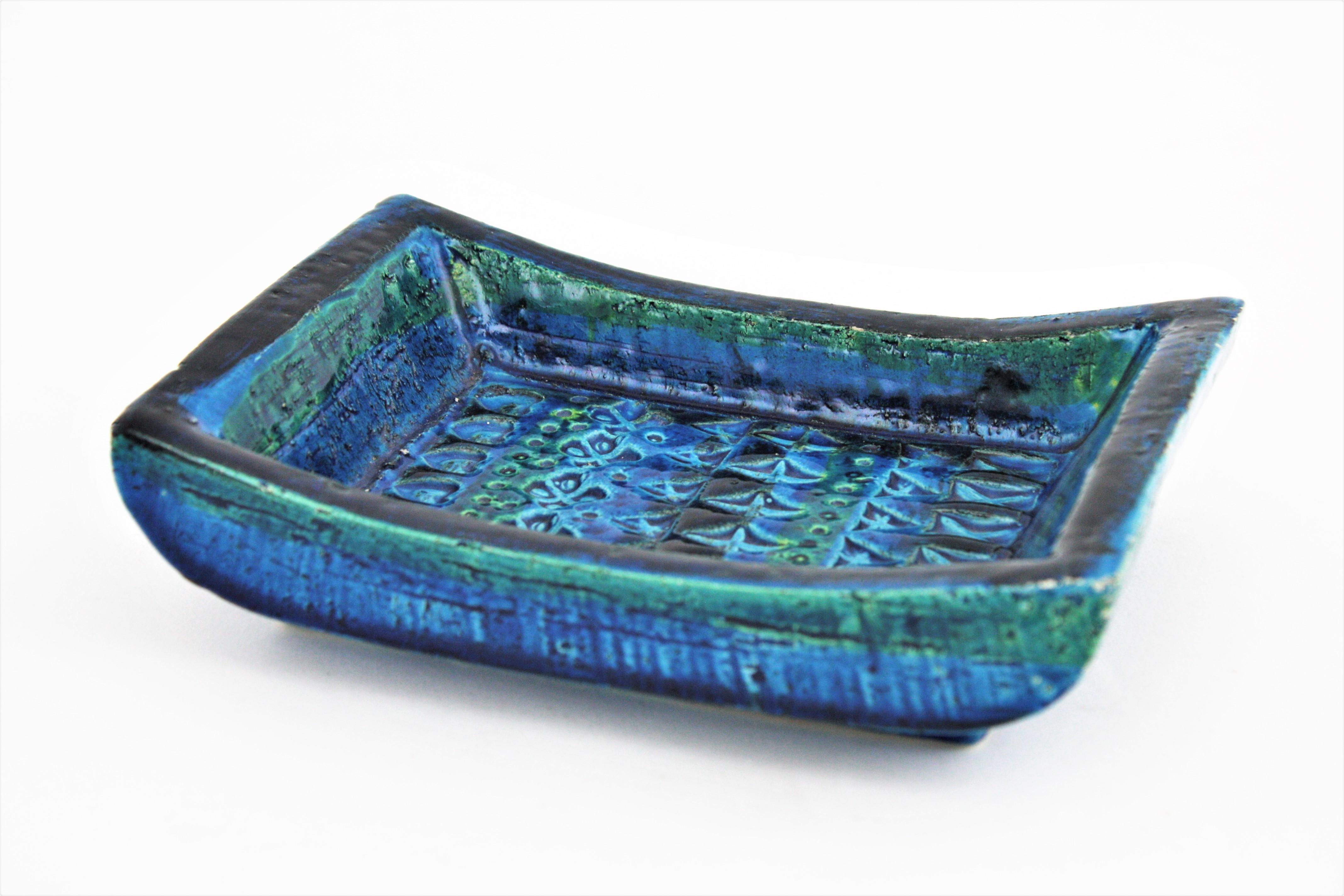 Hand-Crafted Aldo Londi Bitossi Rimini Blue Glazed Ceramic Rectangular Bowl 