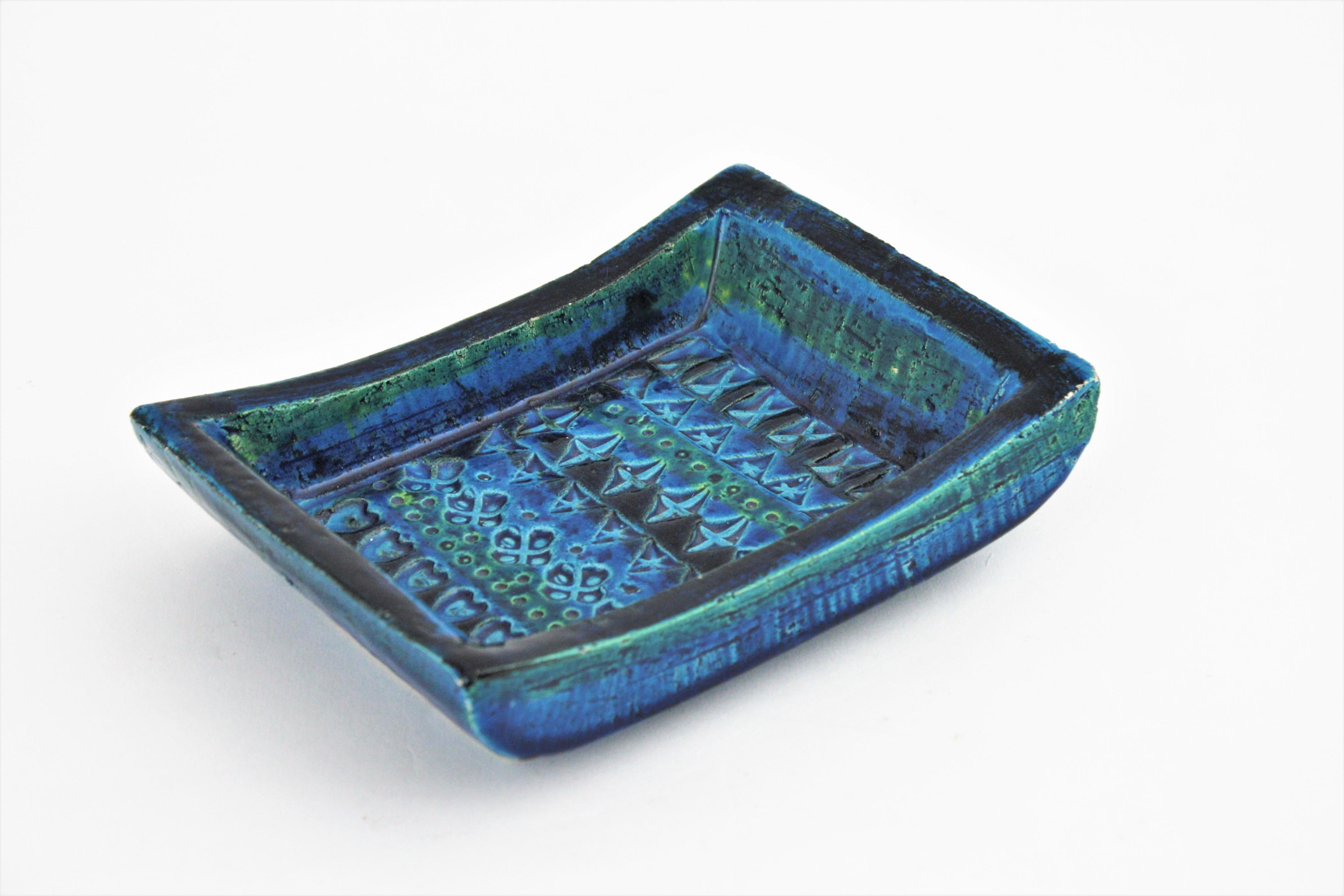Aldo Londi Bitossi Rimini Blue Glazed Ceramic Rectangular Bowl  In Excellent Condition In Barcelona, ES