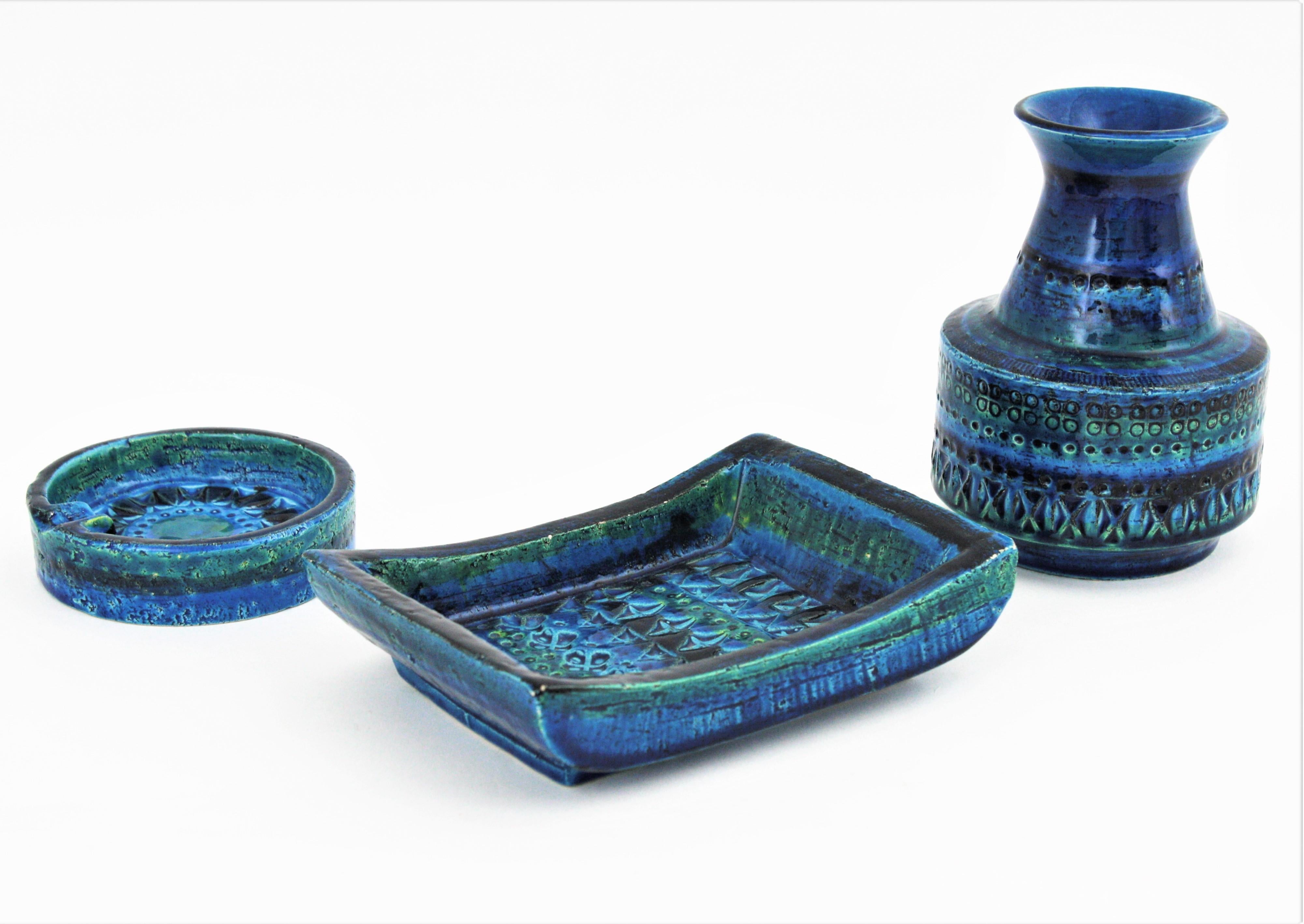 20th Century Aldo Londi Bitossi Rimini Blue Glazed Ceramic Rectangular Bowl 