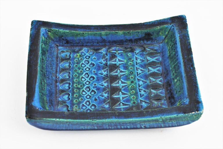 Aldo Londi Bitossi Rimini Blue Glazed Ceramic Rectangular Bowl  For Sale 2