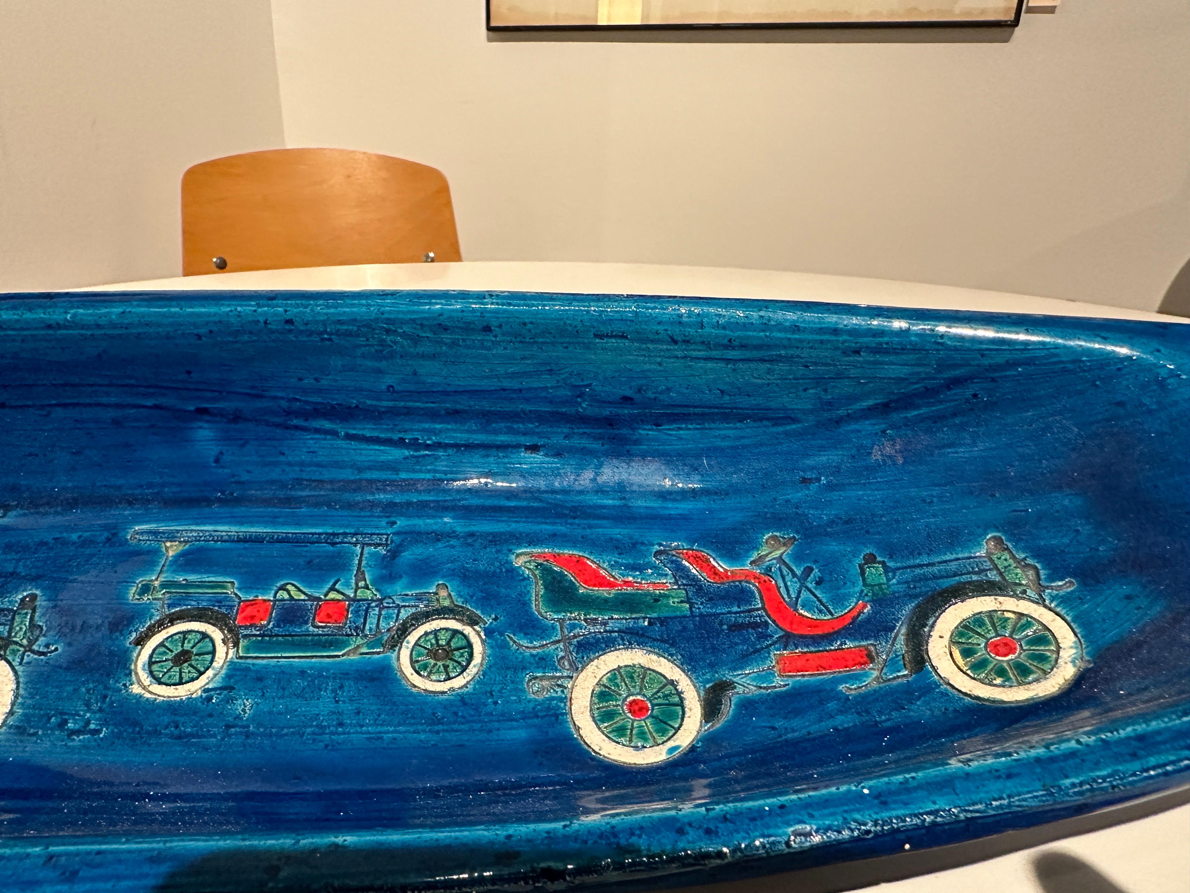Italian 1960's Bitossi Long Turquoise Bowl w/ Vintage Design For Sale