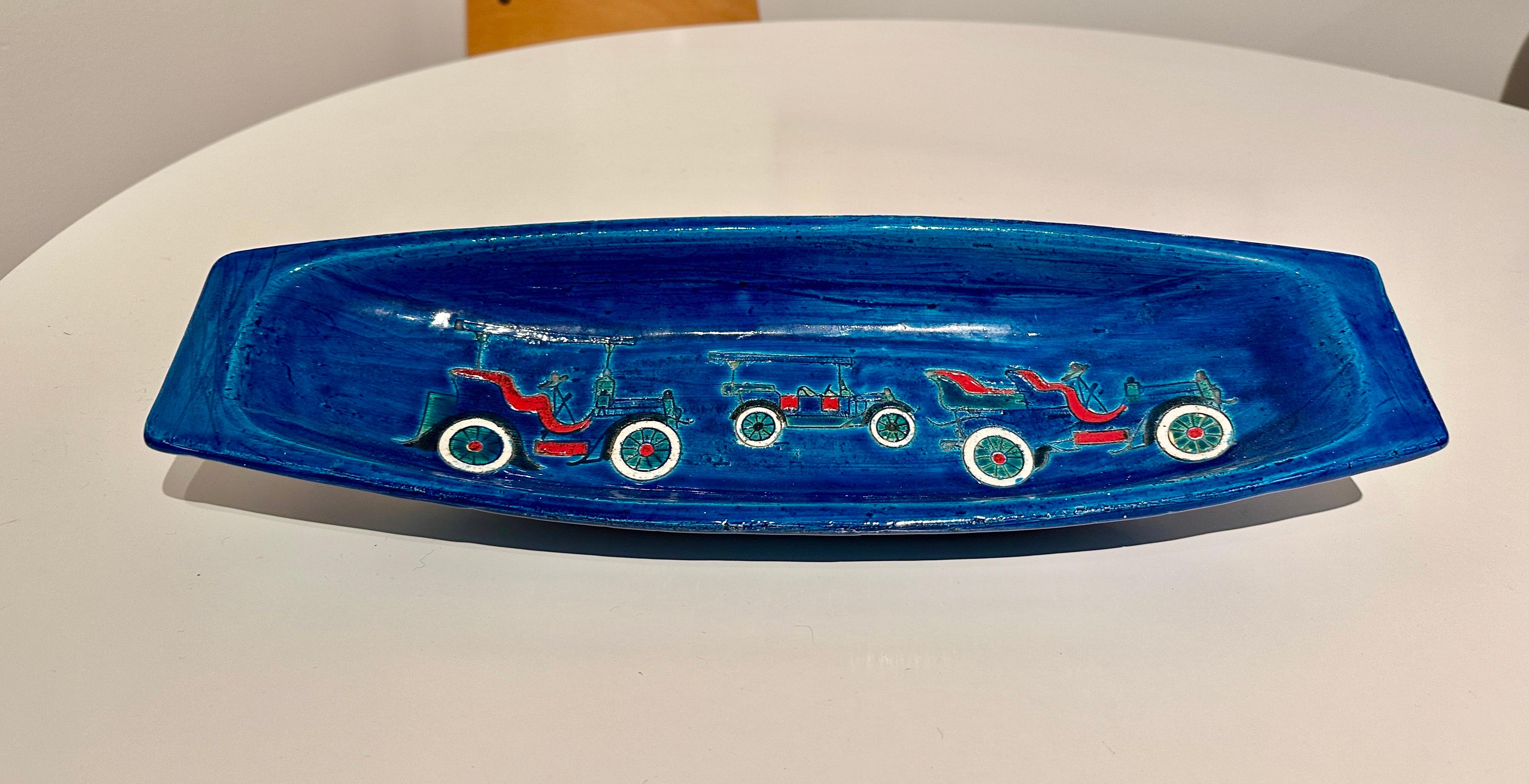 Glazed 1960's Bitossi Long Turquoise Bowl w/ Vintage Design For Sale