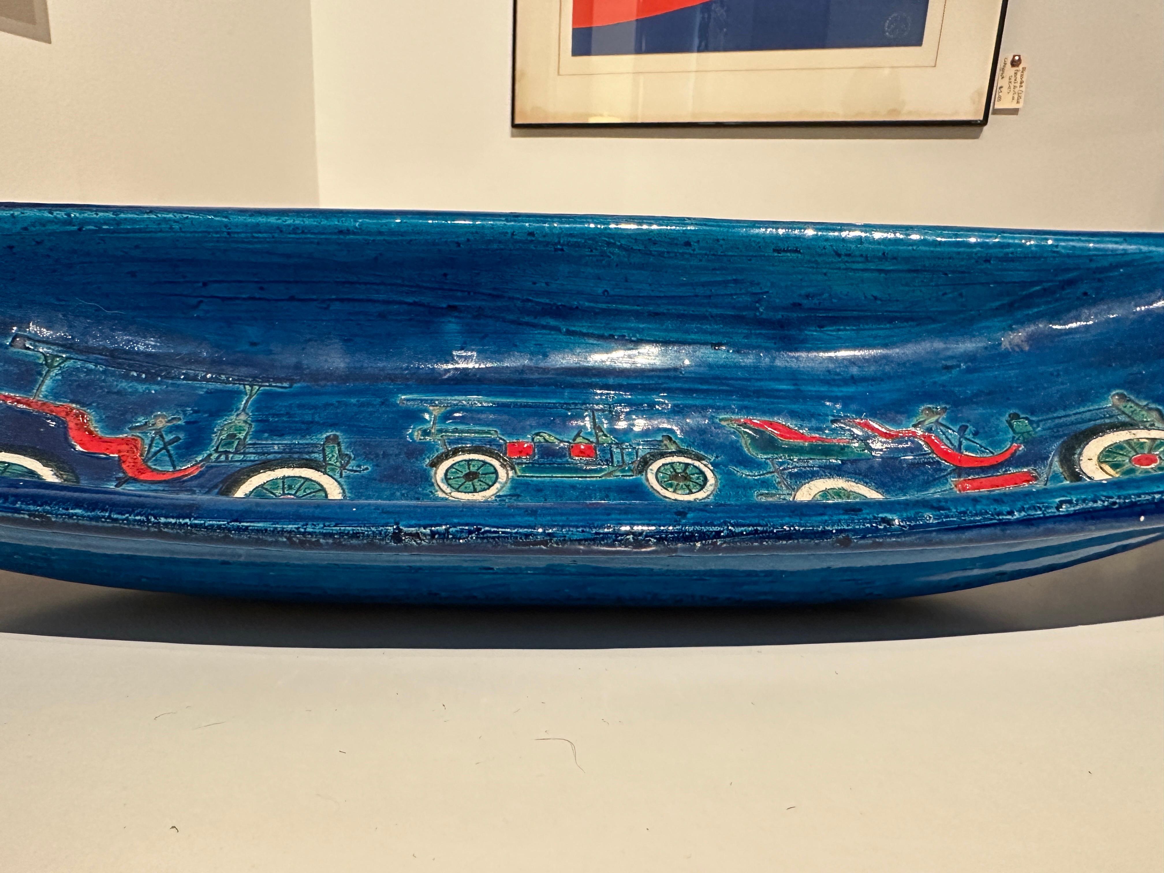1960's Bitossi Long Turquoise Bowl w/ Vintage Design In Good Condition For Sale In North Miami, FL