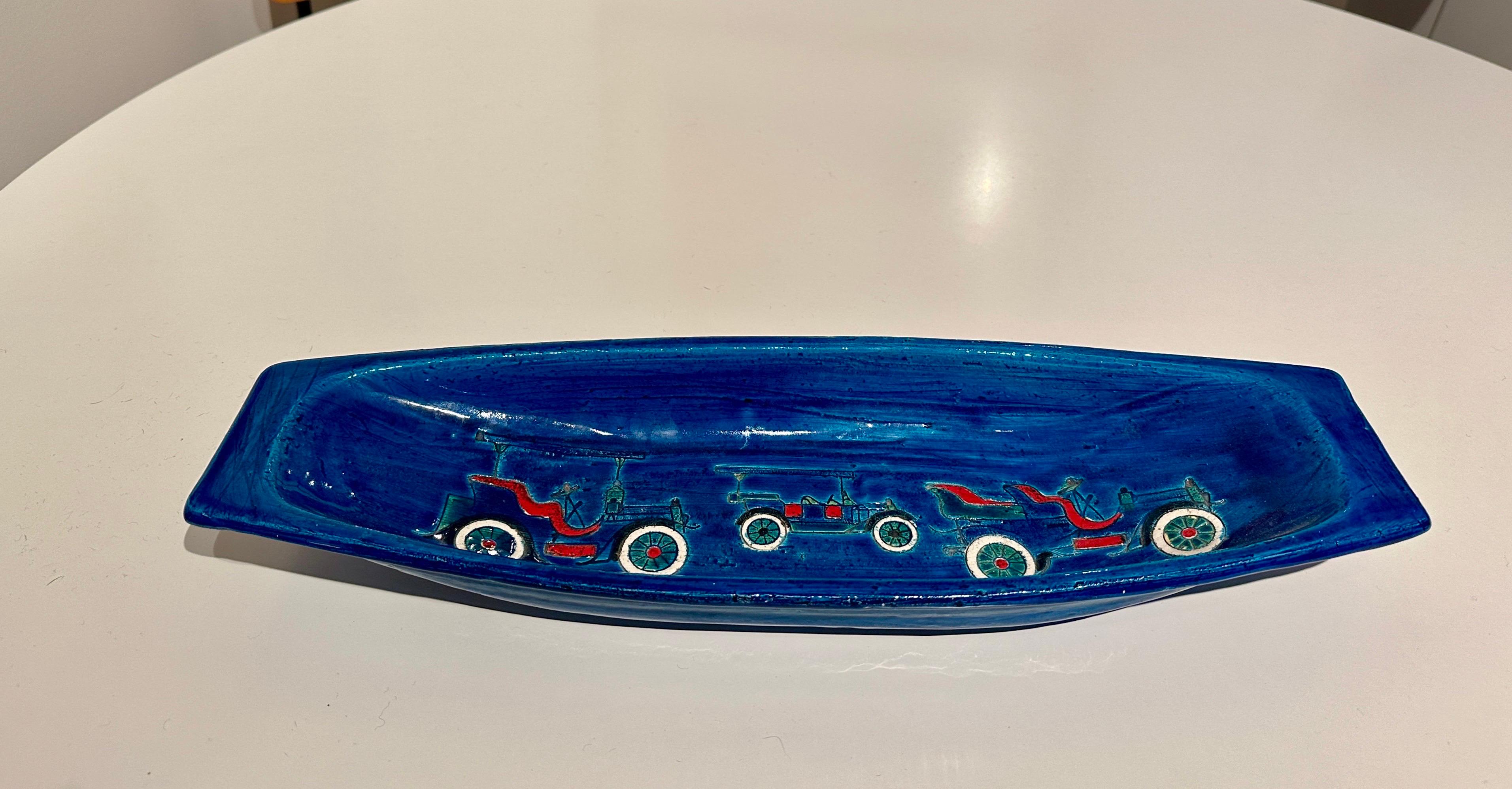 Ceramic 1960's Bitossi Long Turquoise Bowl w/ Vintage Design For Sale