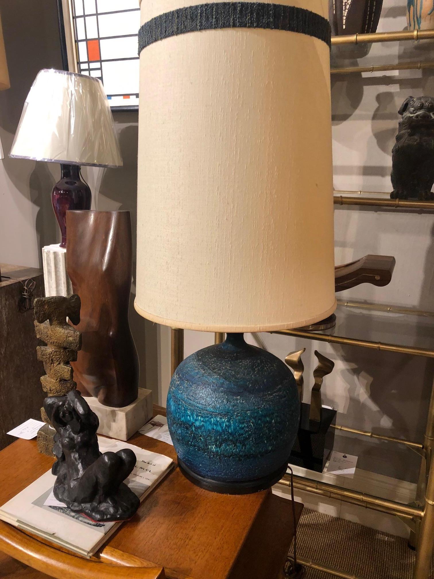 Bitossi Rimini Blue balloon-shaped  Table Lamp circa 1960’s by Aldo Londi.

Dimensions:  		approx  12 in H x 12 Diam
Place of Origin: 	Italy
Period:			1960-1969
Date of Manufacture:	1960


Aldo Londi is famous for the pottery wares he created for