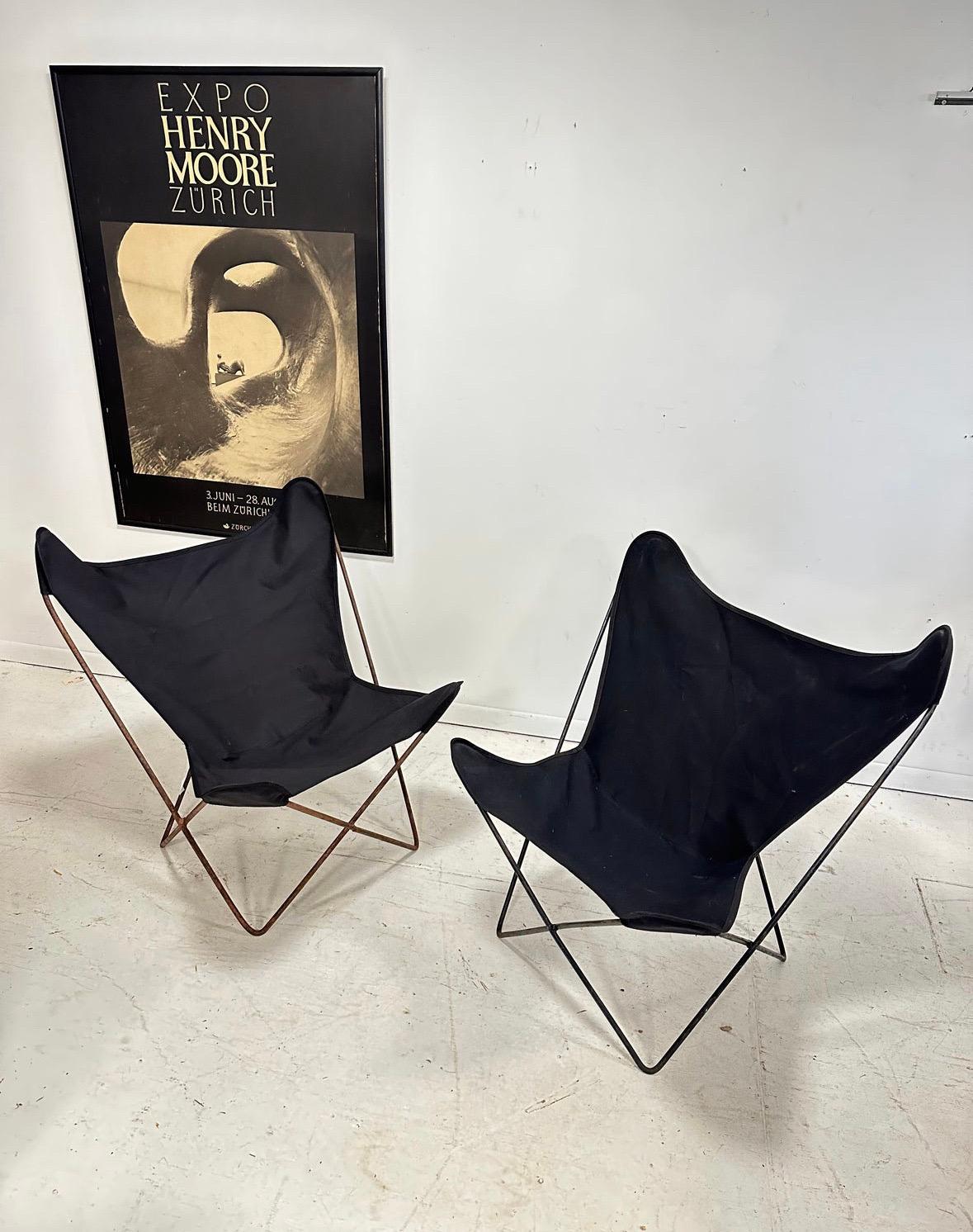 Vintage BKF Hardoy “Butterfly Chairs” for knoll. Mid 20th century manufacture (1950-1970s) notice the slightly bent “ears” at top. Presented in their original age patina, some oxidation to steel frames, has been scrubbed and oiled. Brand new black