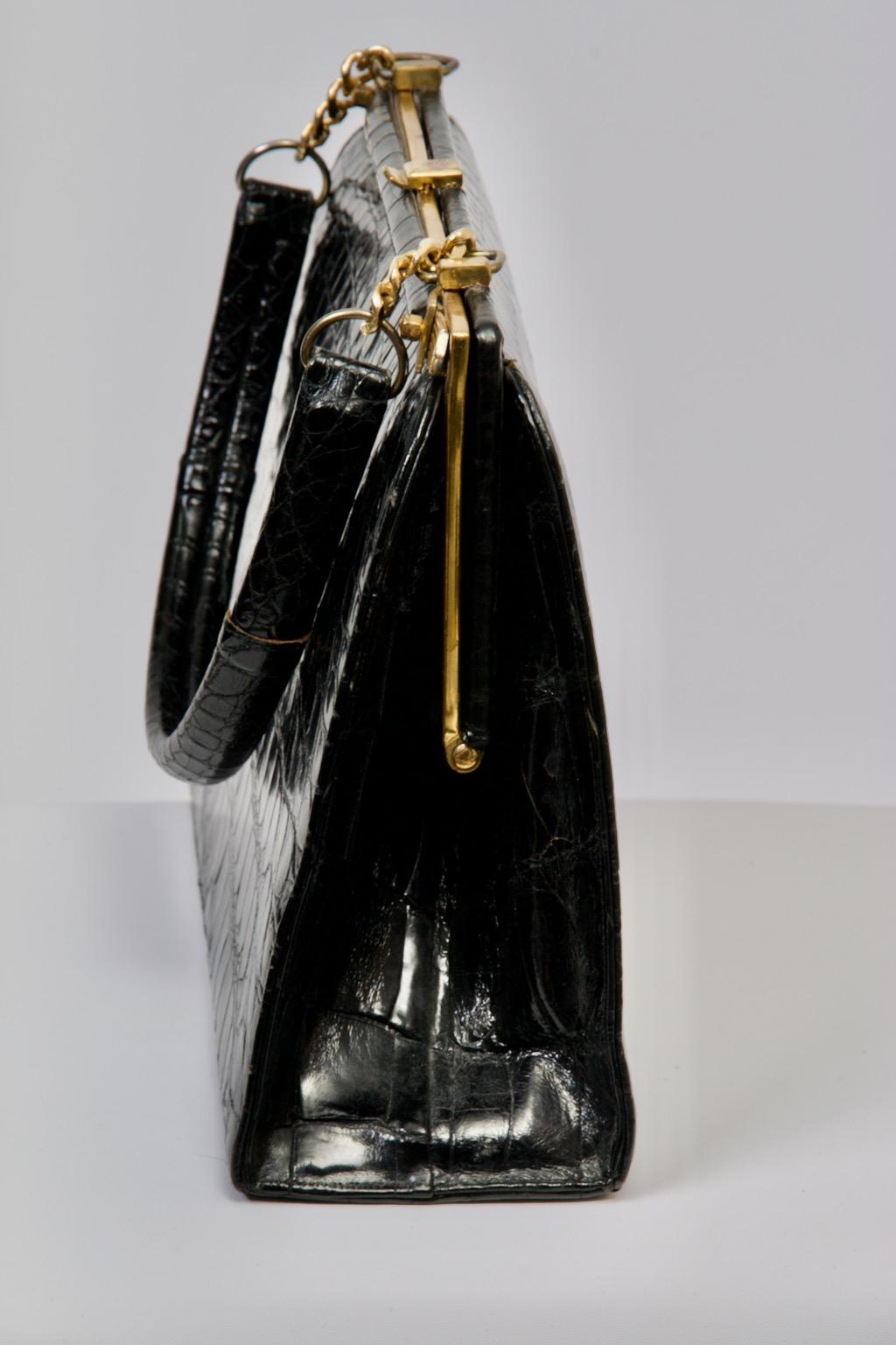 Women's 1960s Black Alligator Handbag For Sale