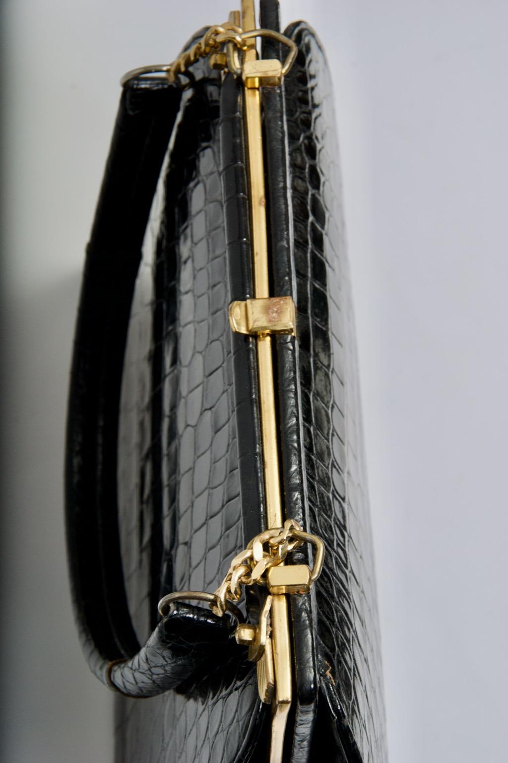 1960s Black Alligator Handbag For Sale 1
