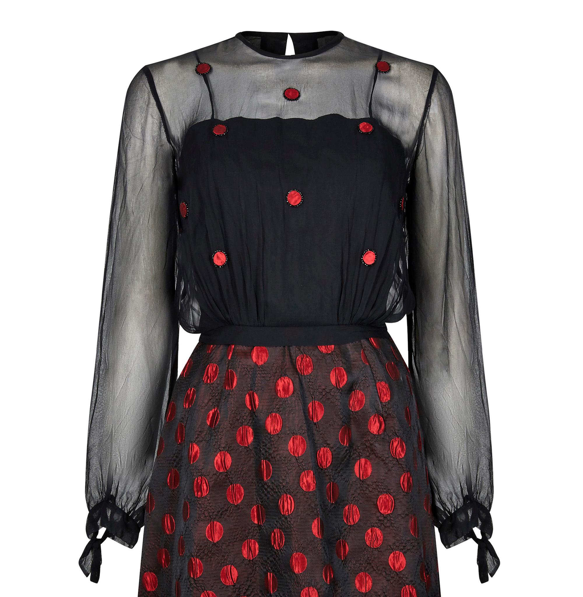 Women's 1960s Black and Red Polka Dot Demi Couture Dress and Jacket For Sale