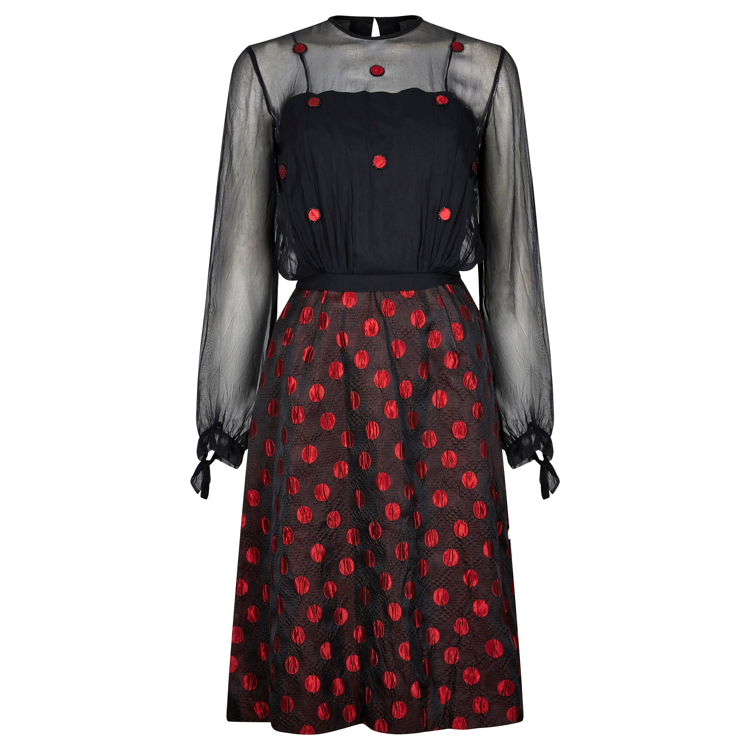 Robe et veste Demi Couture à pois noirs et rouges des années 1960