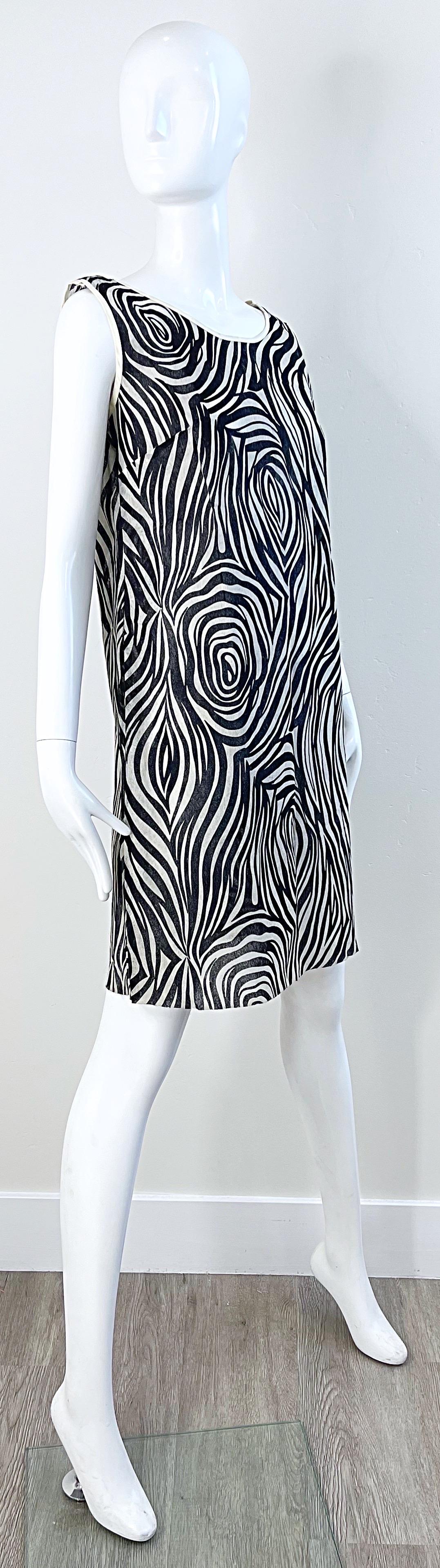1960s Black and White Paper Shift Dress Psychedelic Zebra Print Mod Vintage 60s For Sale 3