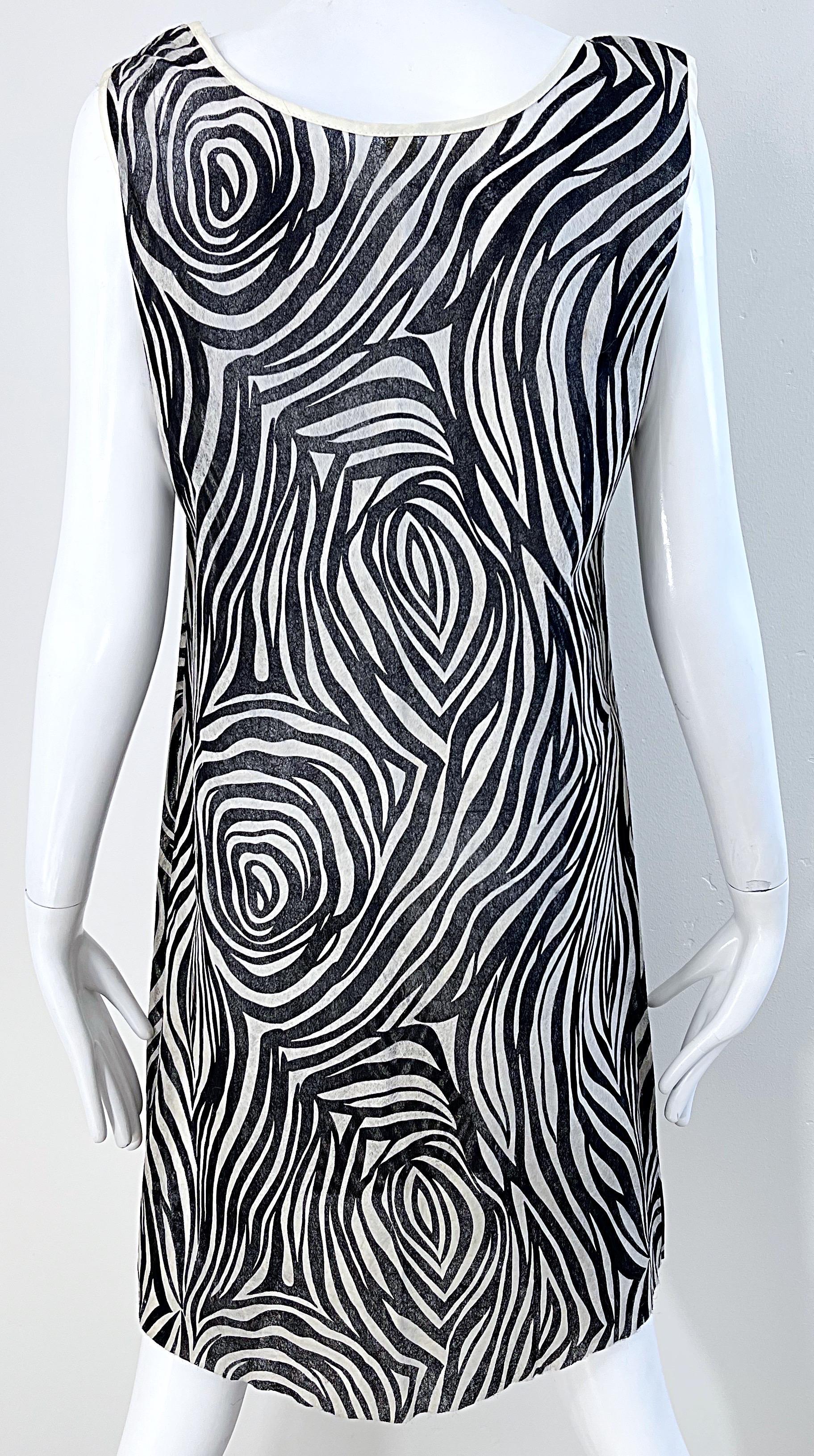 1960s Black and White Paper Shift Dress Psychedelic Zebra Print Mod Vintage 60s For Sale 4