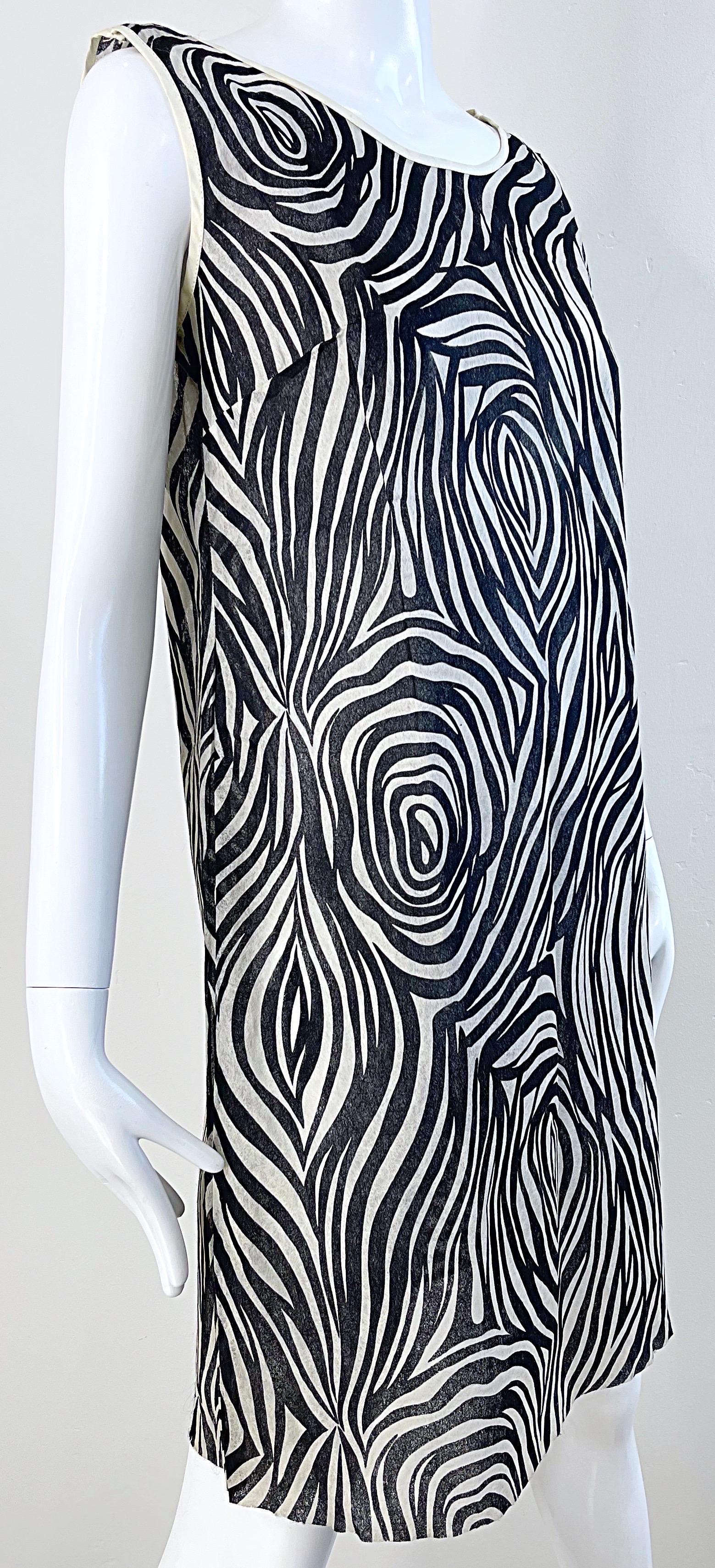 1960s Black and White Paper Shift Dress Psychedelic Zebra Print Mod Vintage 60s For Sale 6