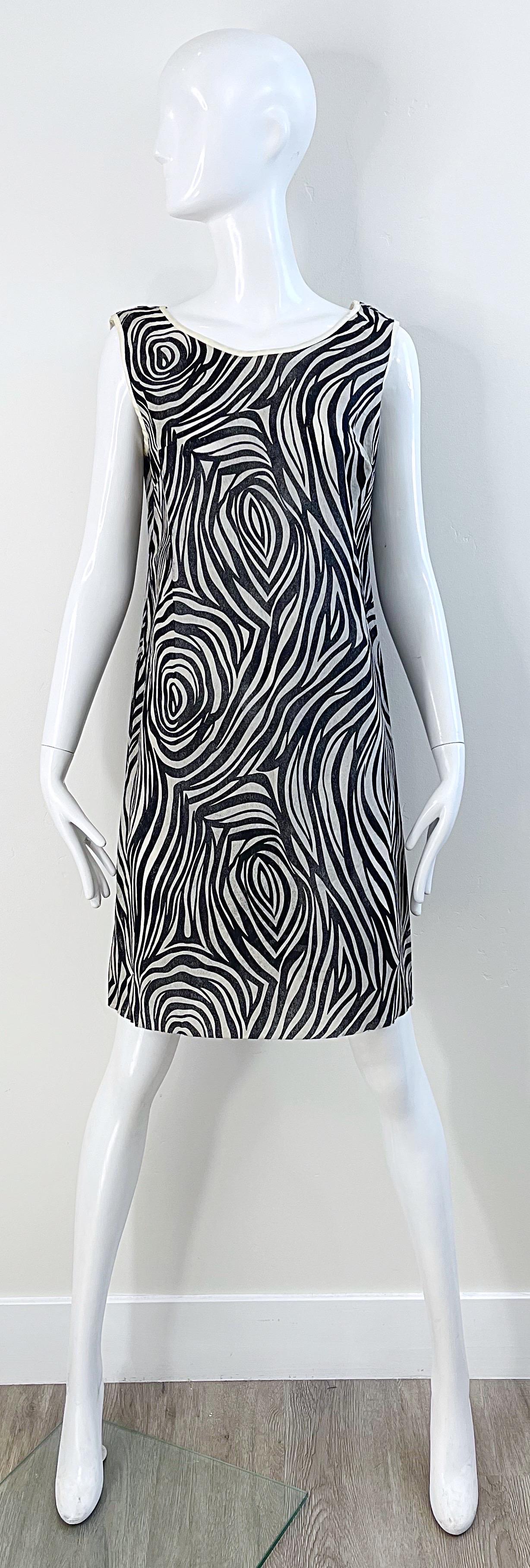 1960s Black and White Paper Shift Dress Psychedelic Zebra Print Mod Vintage 60s For Sale 8