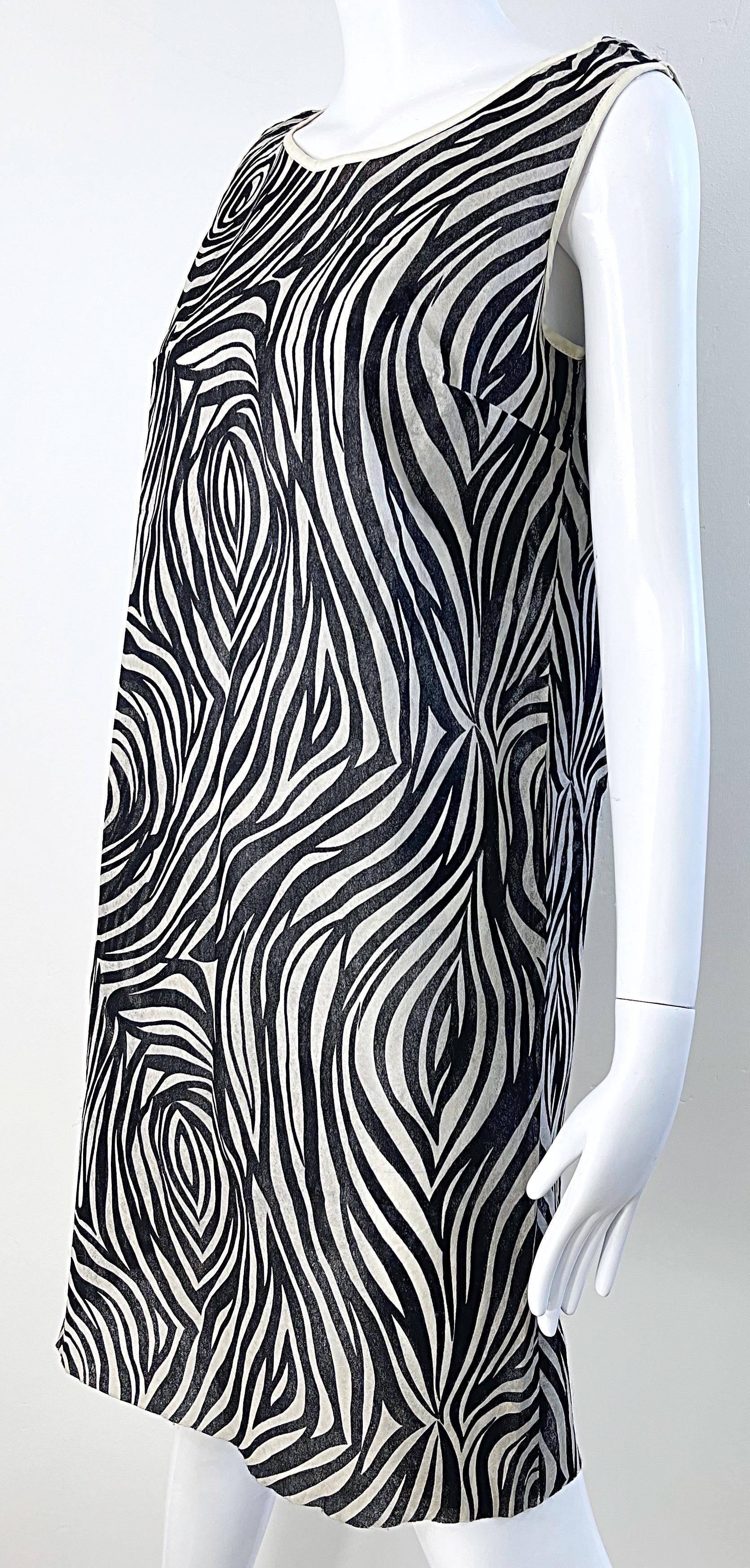 Women's 1960s Black and White Paper Shift Dress Psychedelic Zebra Print Mod Vintage 60s For Sale