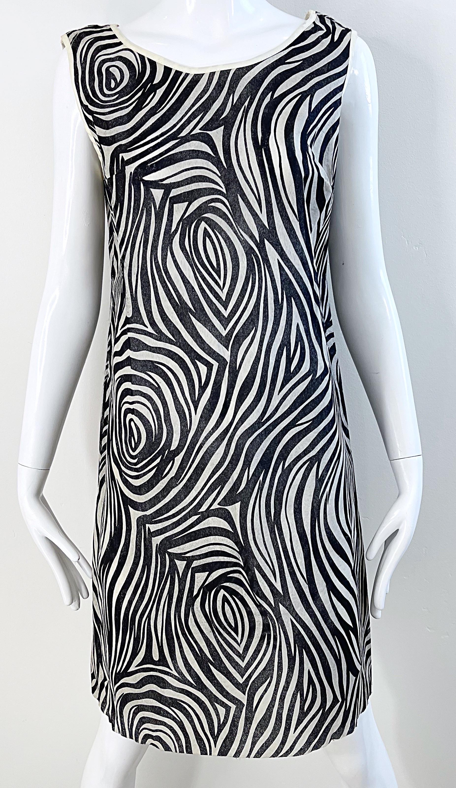 1960s Black and White Paper Shift Dress Psychedelic Zebra Print Mod Vintage 60s For Sale 2