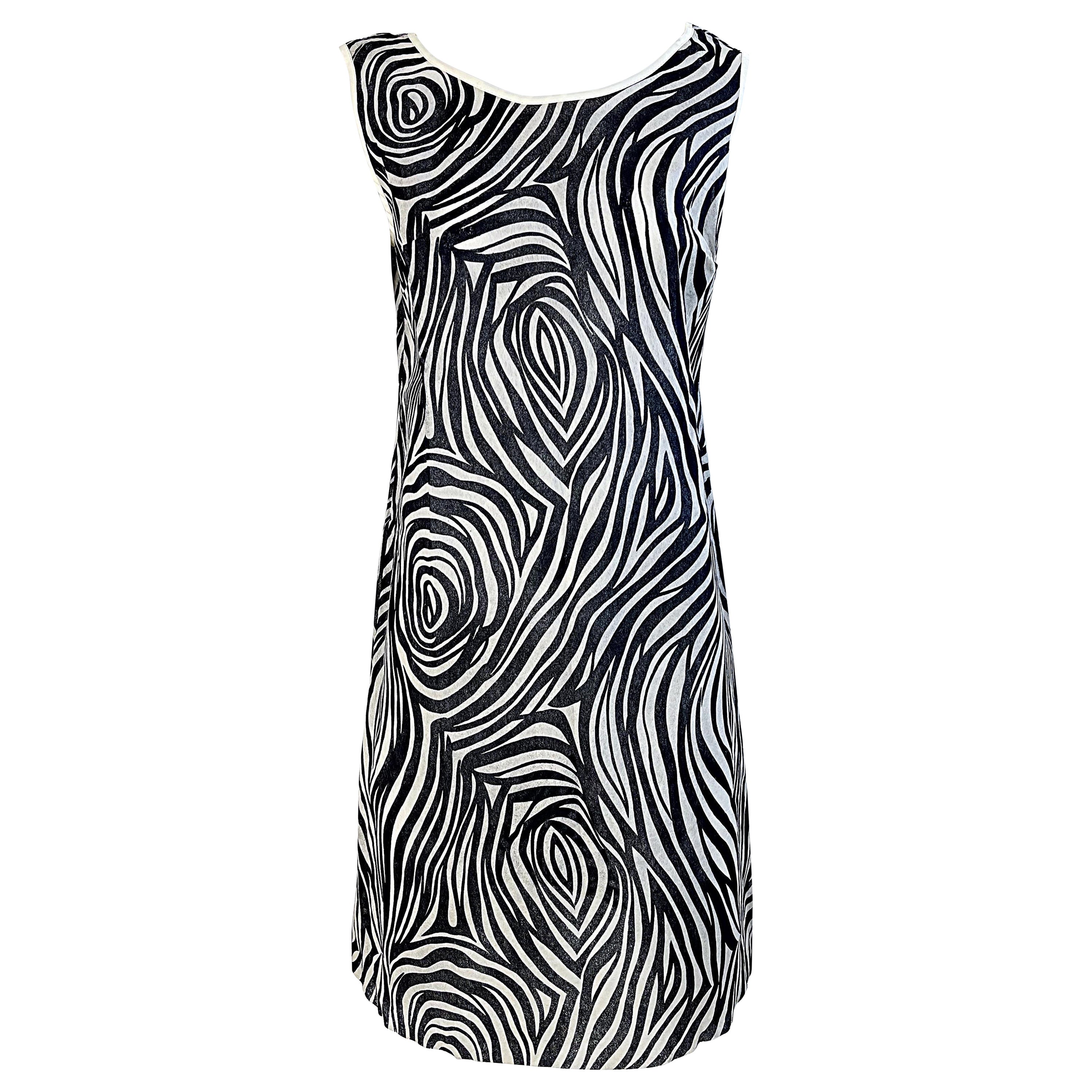 1960s Robe droite en papier noir et blanc imprimé zèbre psychédélique Mod Vintage 60s