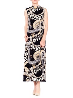 1960S Black & White Psychedelic Italian Cotton Velvet Mod Maxi Dress