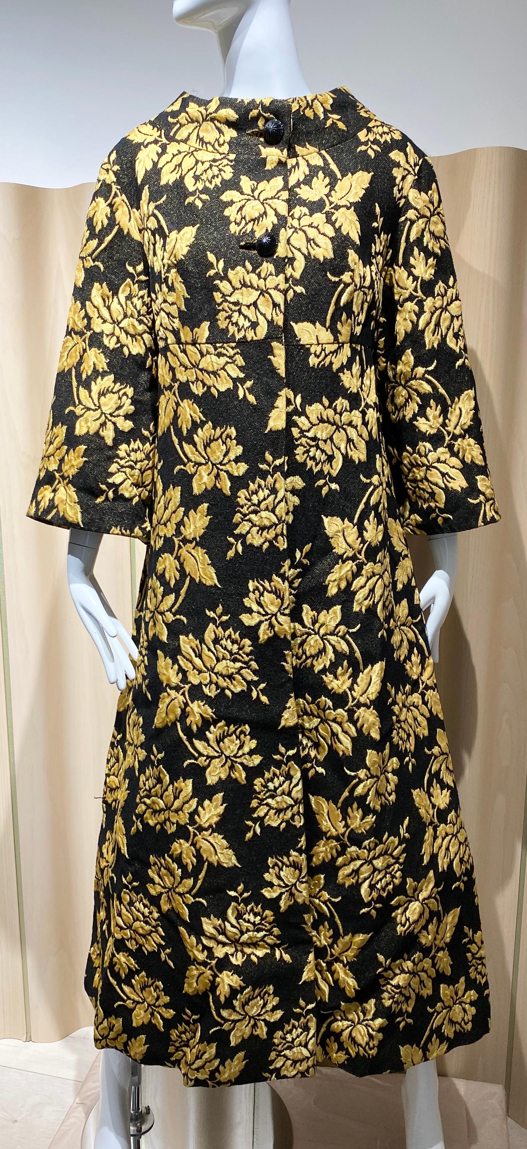 1960s Cocktail Coat in Yellow gold flower print in black brocade. 
Size: Large