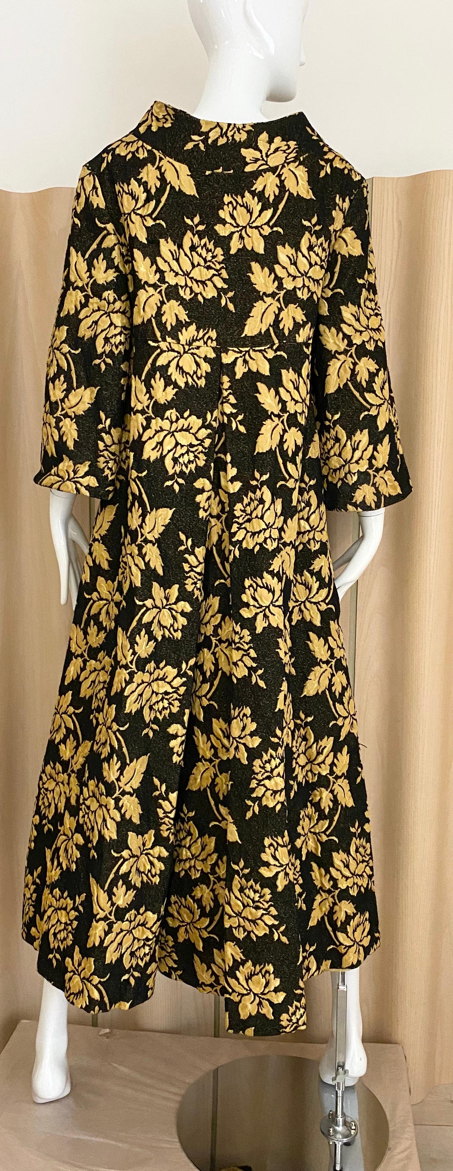 Women's 1960s Black and Yellow Flower Print Brocade Coat For Sale