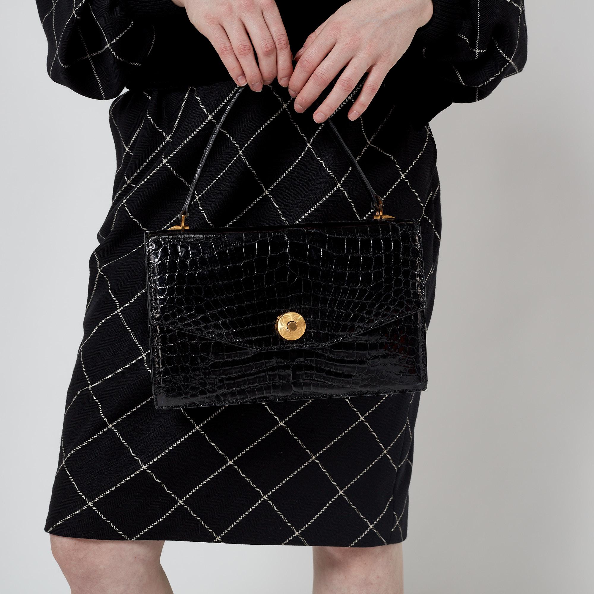 1960s Black Asprey Top Handle Crocodile Leather Bag For Sale 2