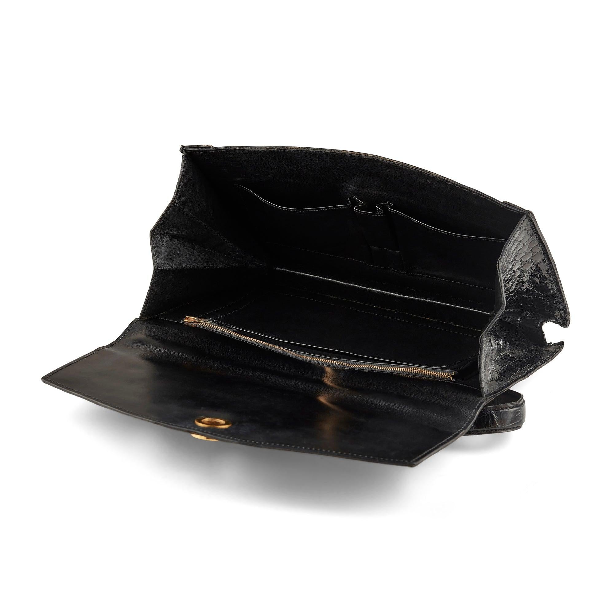 1960s Black Asprey Top Handle Crocodile Leather Bag In Excellent Condition For Sale In London, GB