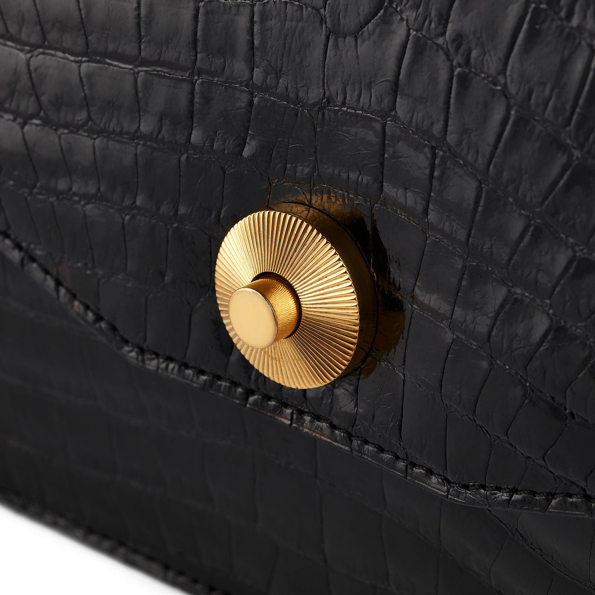 Women's 1960s Black Asprey Top Handle Crocodile Leather Bag For Sale