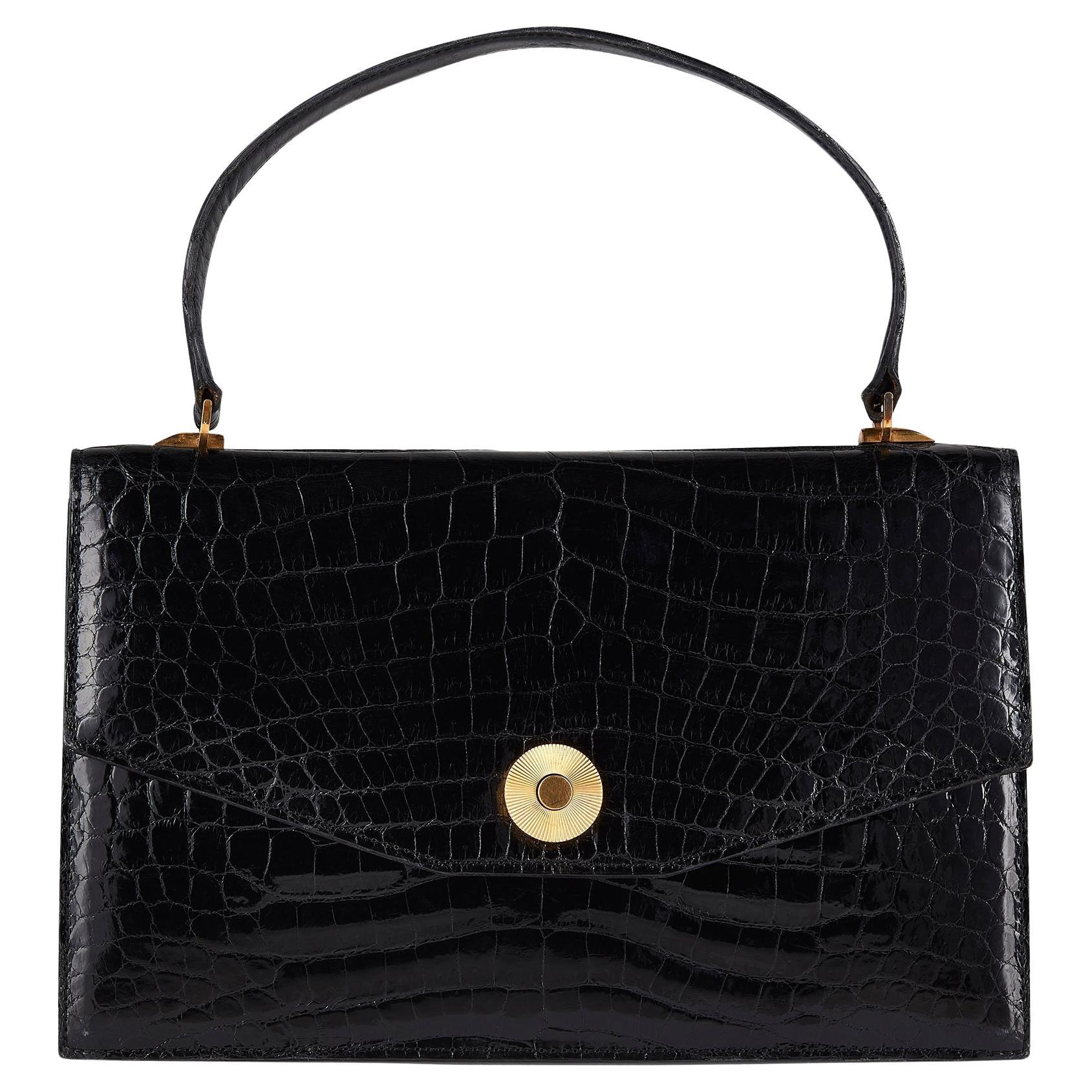 1960s Black Asprey Top Handle Crocodile Leather Bag For Sale