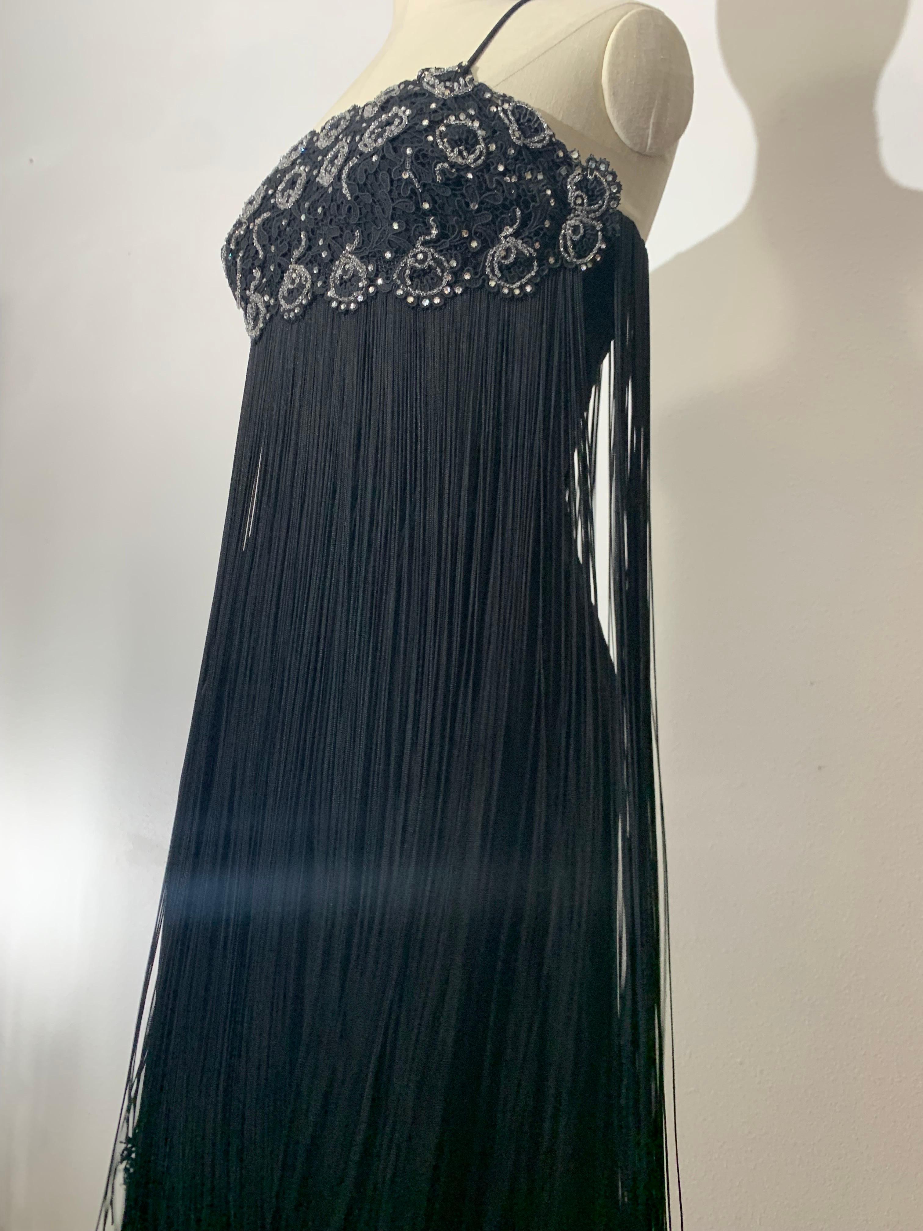 1960s Black Beaded Lace Bodice Cocktail Sheath Dress w Outrageous Fringe For Sale 6