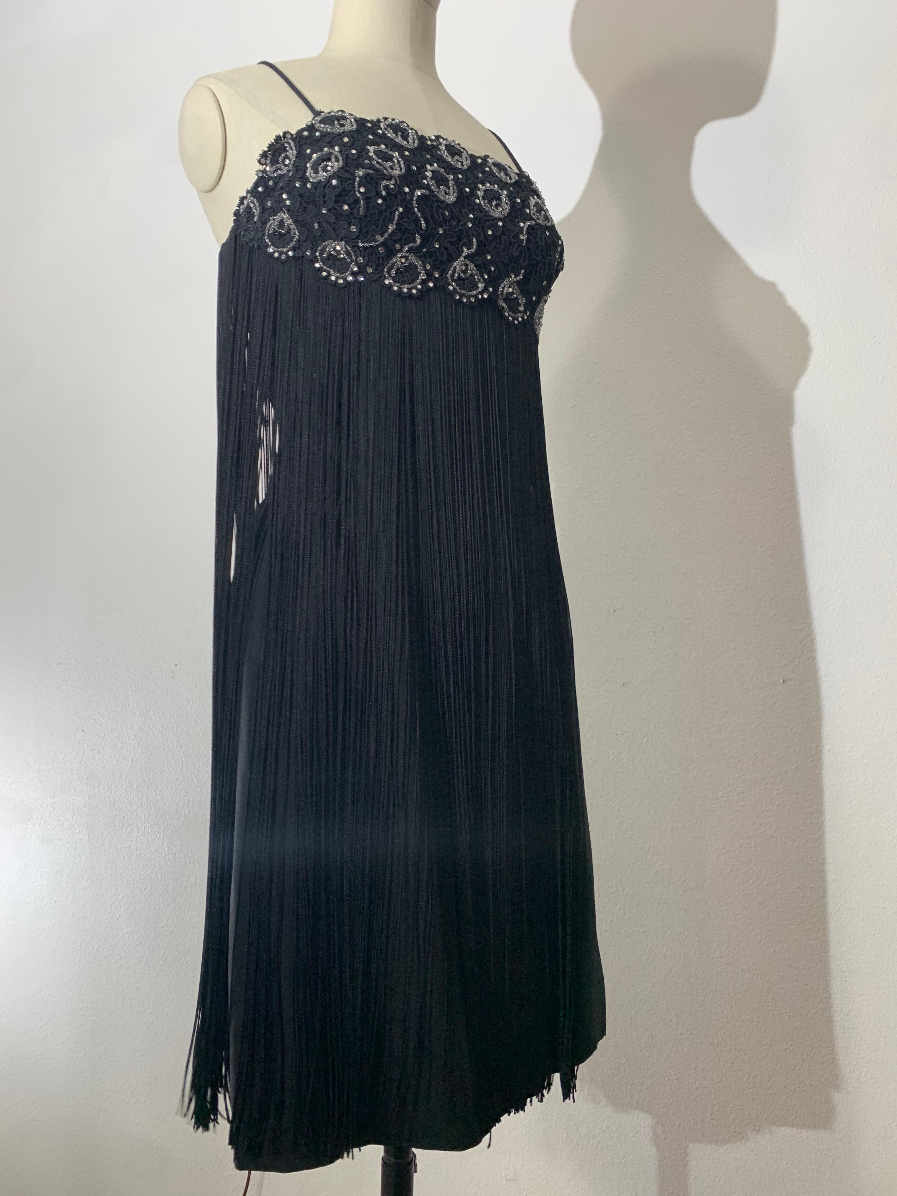1960s Black Beaded Lace Bodice Cocktail Sheath Dress w Outrageous Fringe For Sale 7
