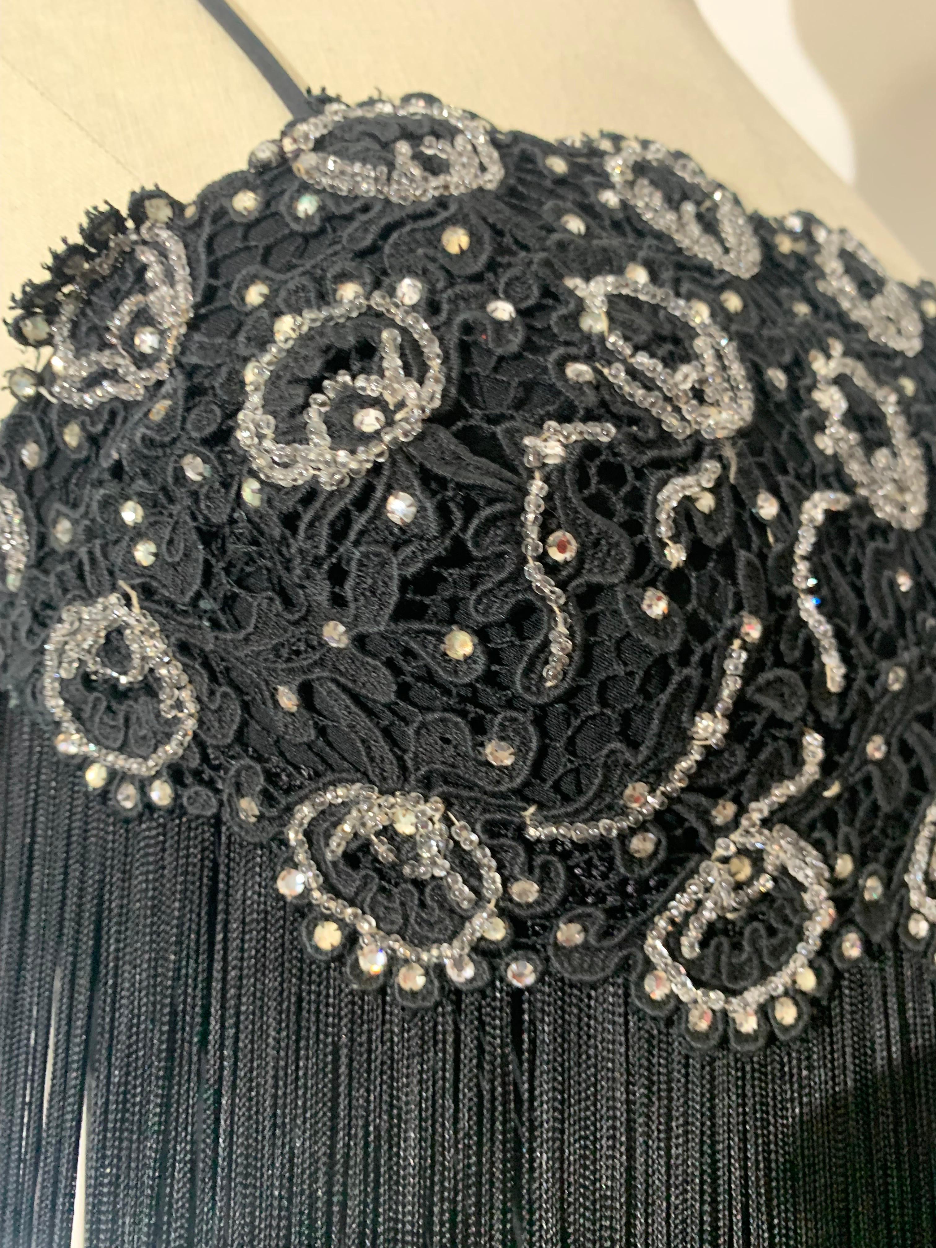 1960s Black Beaded Lace Bodice Cocktail Sheath Dress w Outrageous Fringe For Sale 8