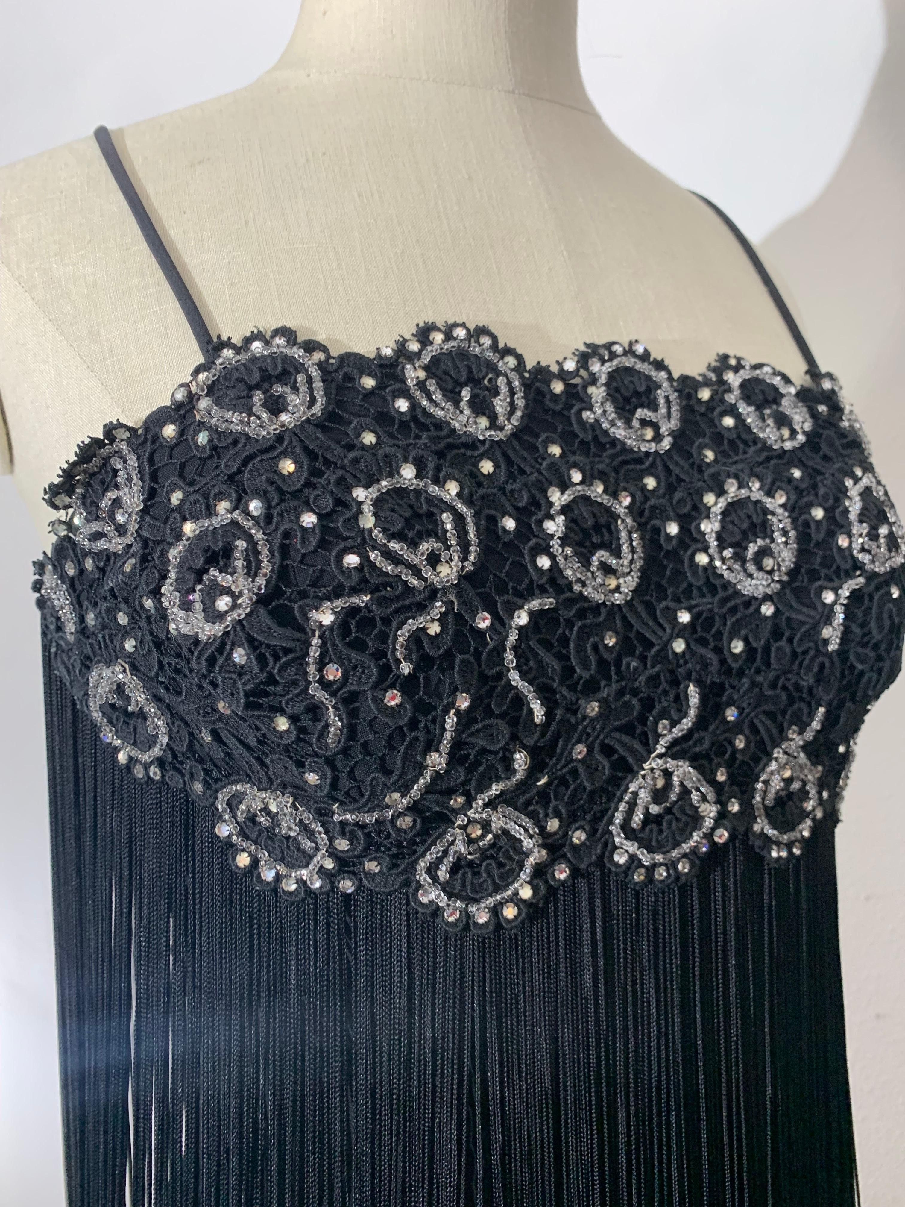 1960s Black Beaded Lace Bodice Cocktail Sheath Dress w Outrageous Fringe For Sale 9