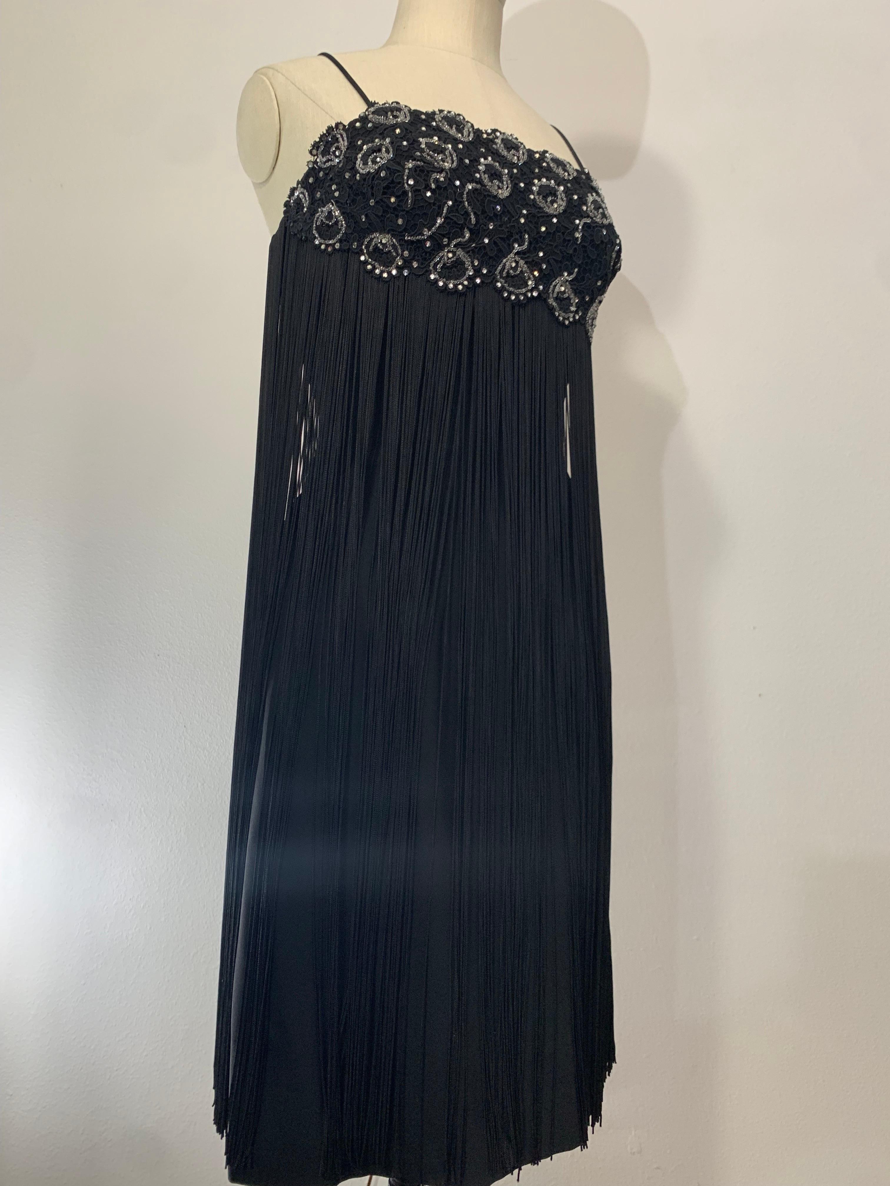 1960s Black Beaded Lace Bodice Cocktail Sheath Dress w Outrageous Fringe For Sale 10