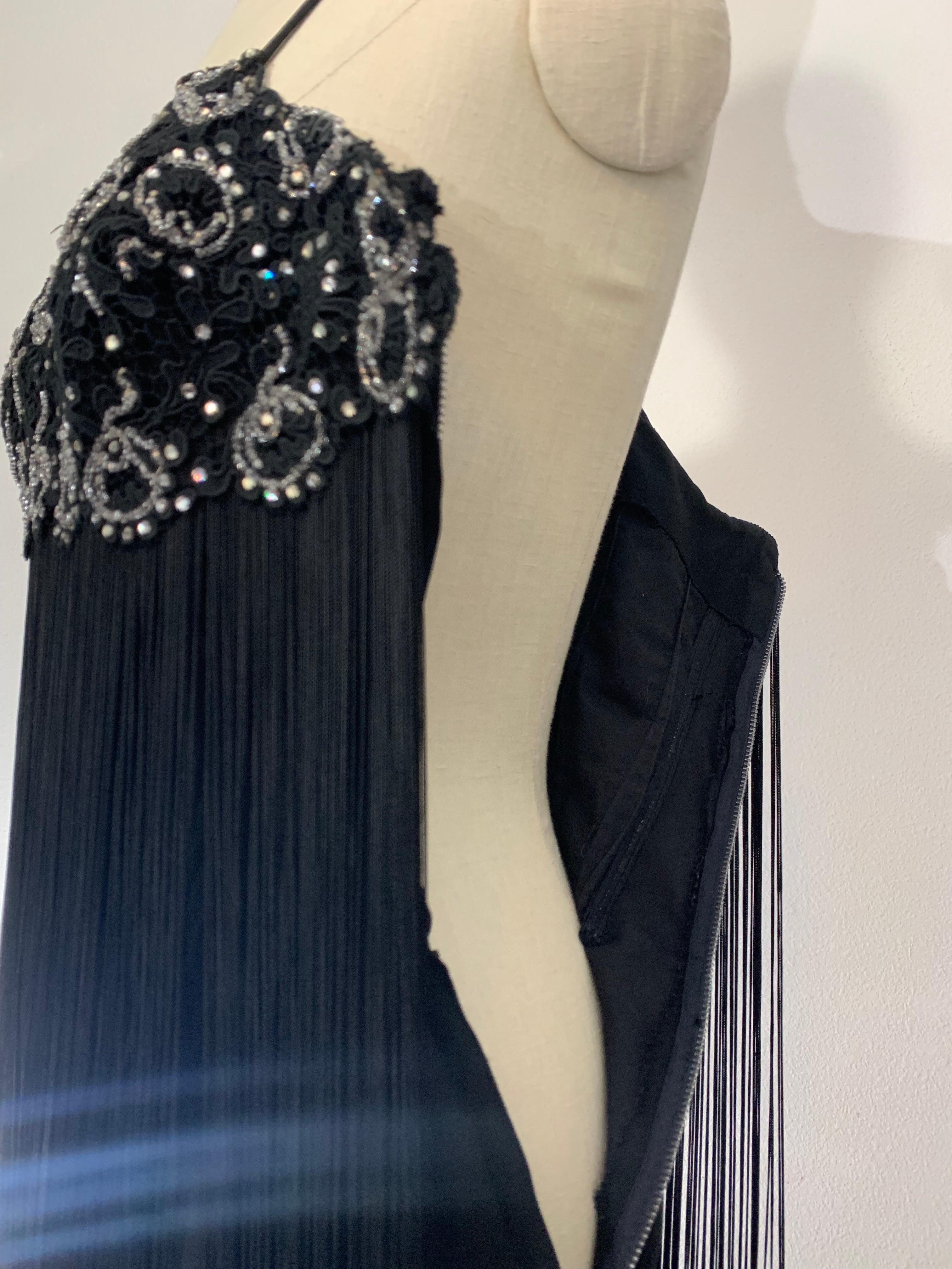 1960s Black Beaded Lace Bodice Cocktail Sheath Dress w Outrageous Fringe For Sale 11