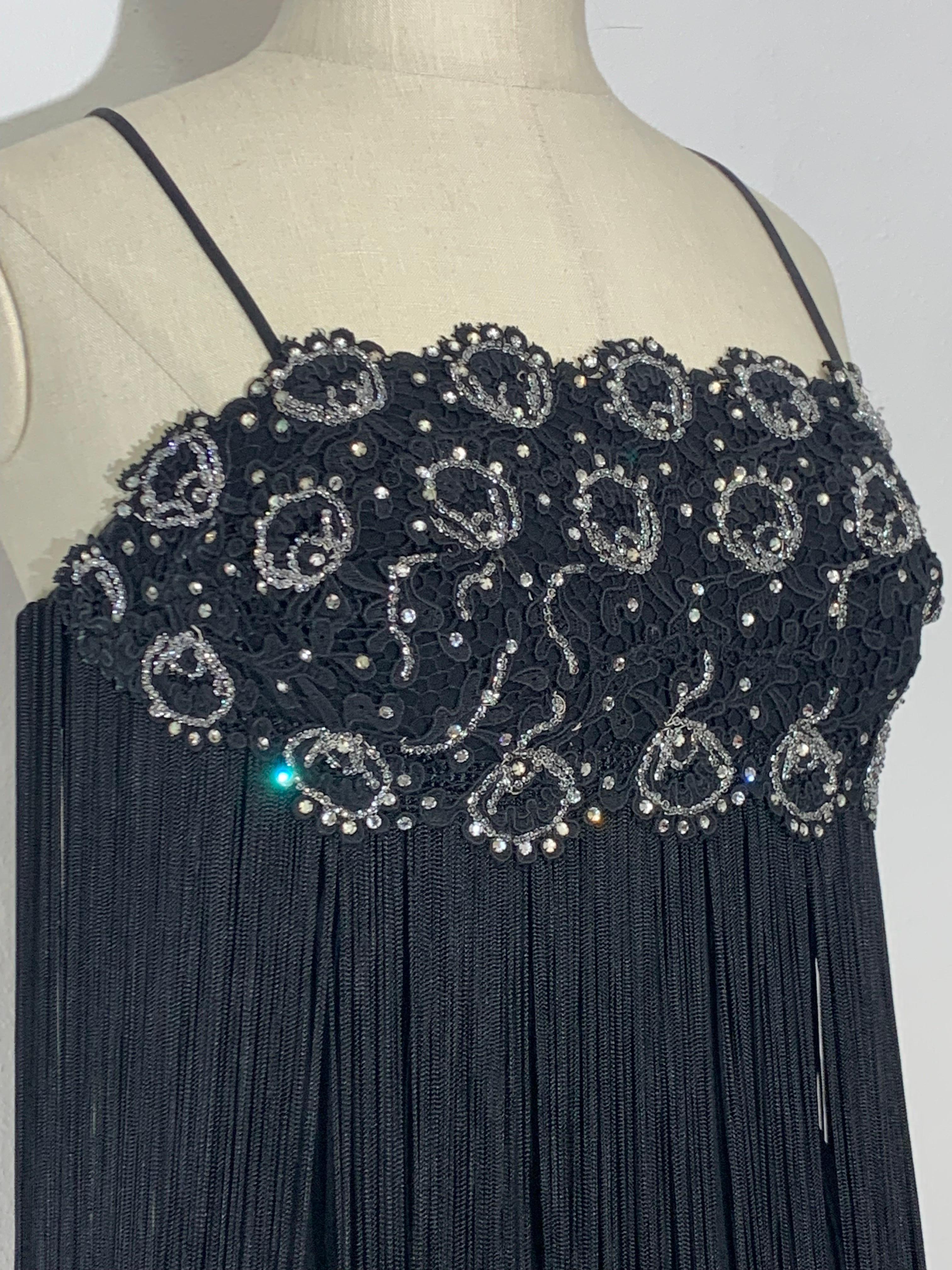 1960s Black Beaded Lace Bodice Cocktail Sheath Dress w Outrageous Fringe In Excellent Condition For Sale In Gresham, OR