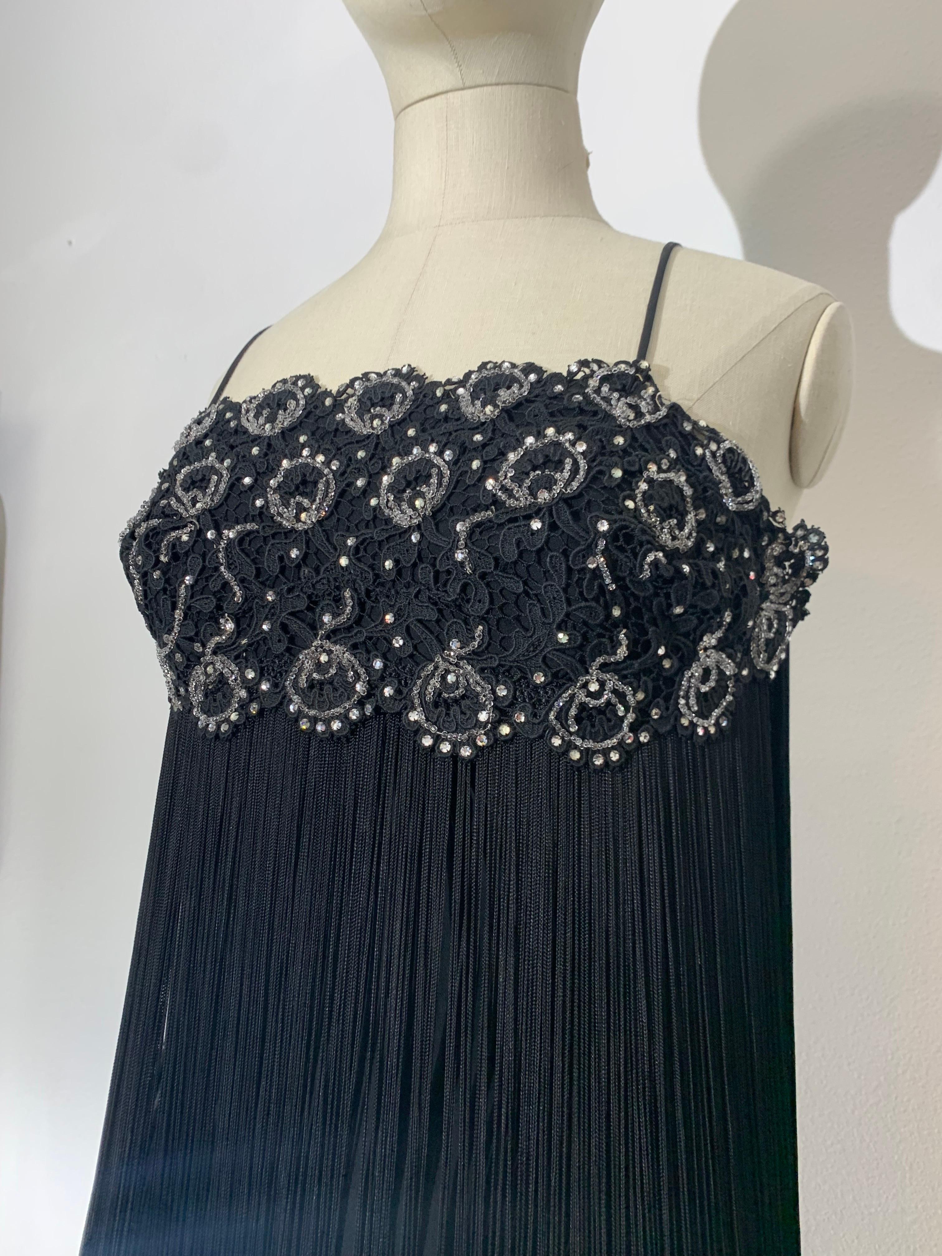Women's 1960s Black Beaded Lace Bodice Cocktail Sheath Dress w Outrageous Fringe For Sale