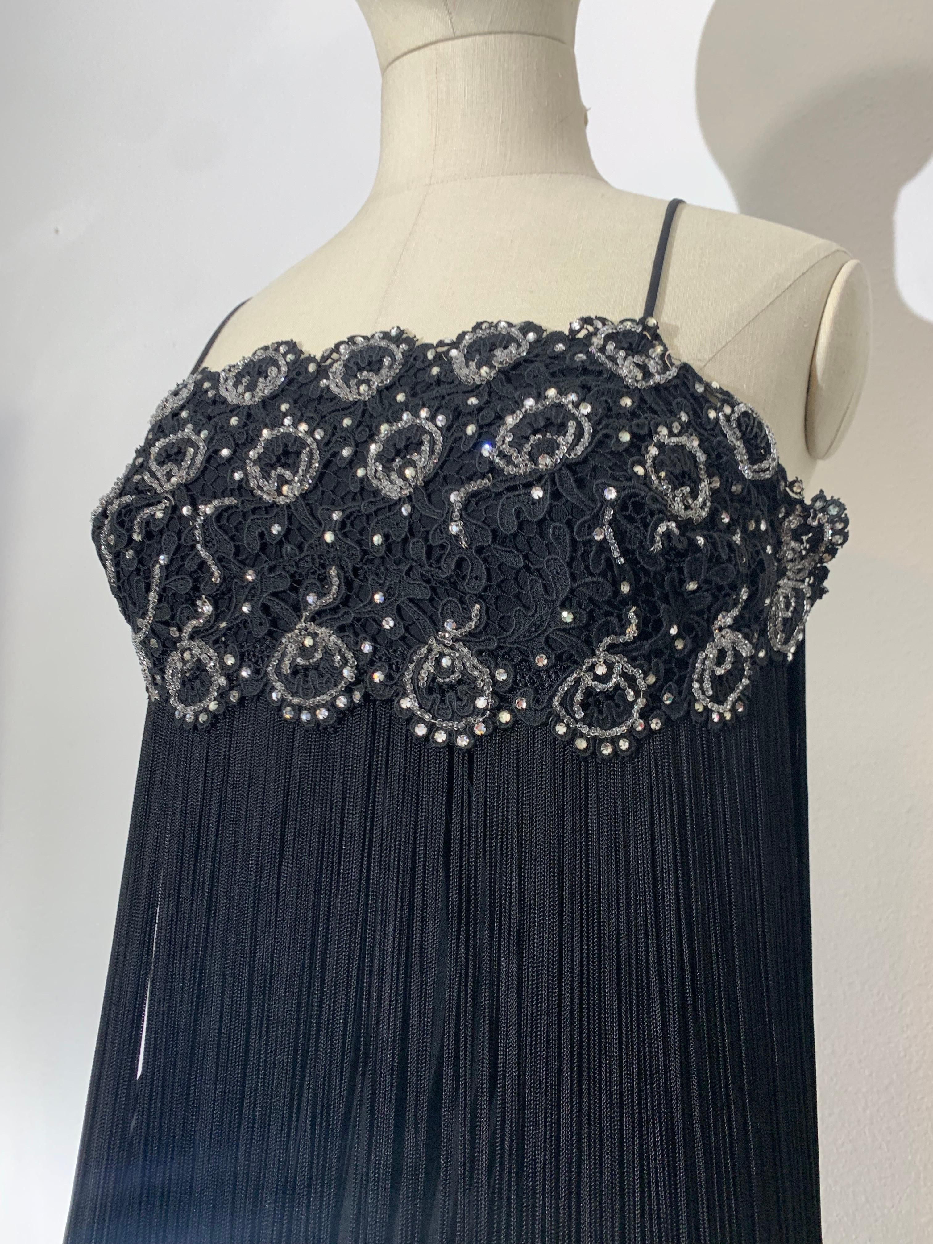 1960s Black Beaded Lace Bodice Cocktail Sheath Dress w Outrageous Fringe For Sale 1