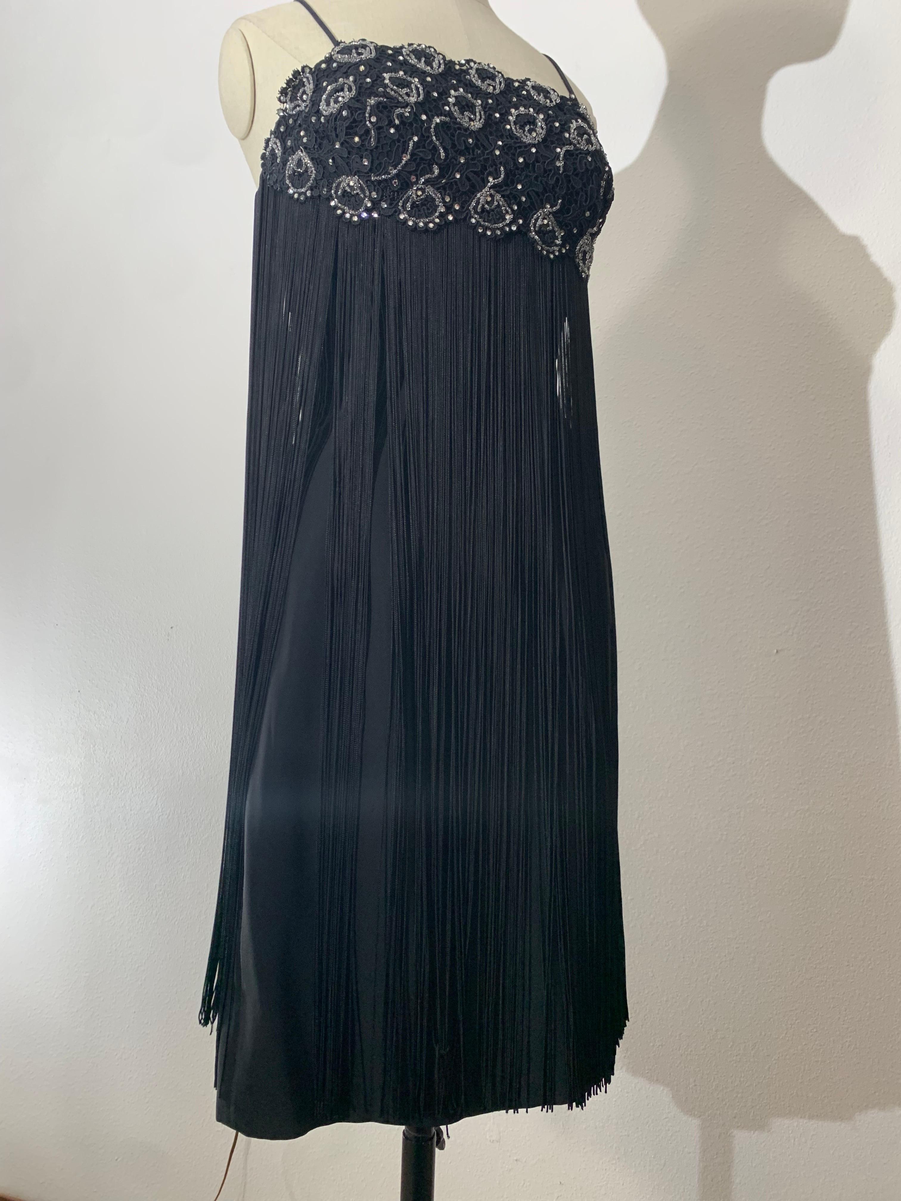 1960s Black Beaded Lace Bodice Cocktail Sheath Dress w Outrageous Fringe For Sale 4
