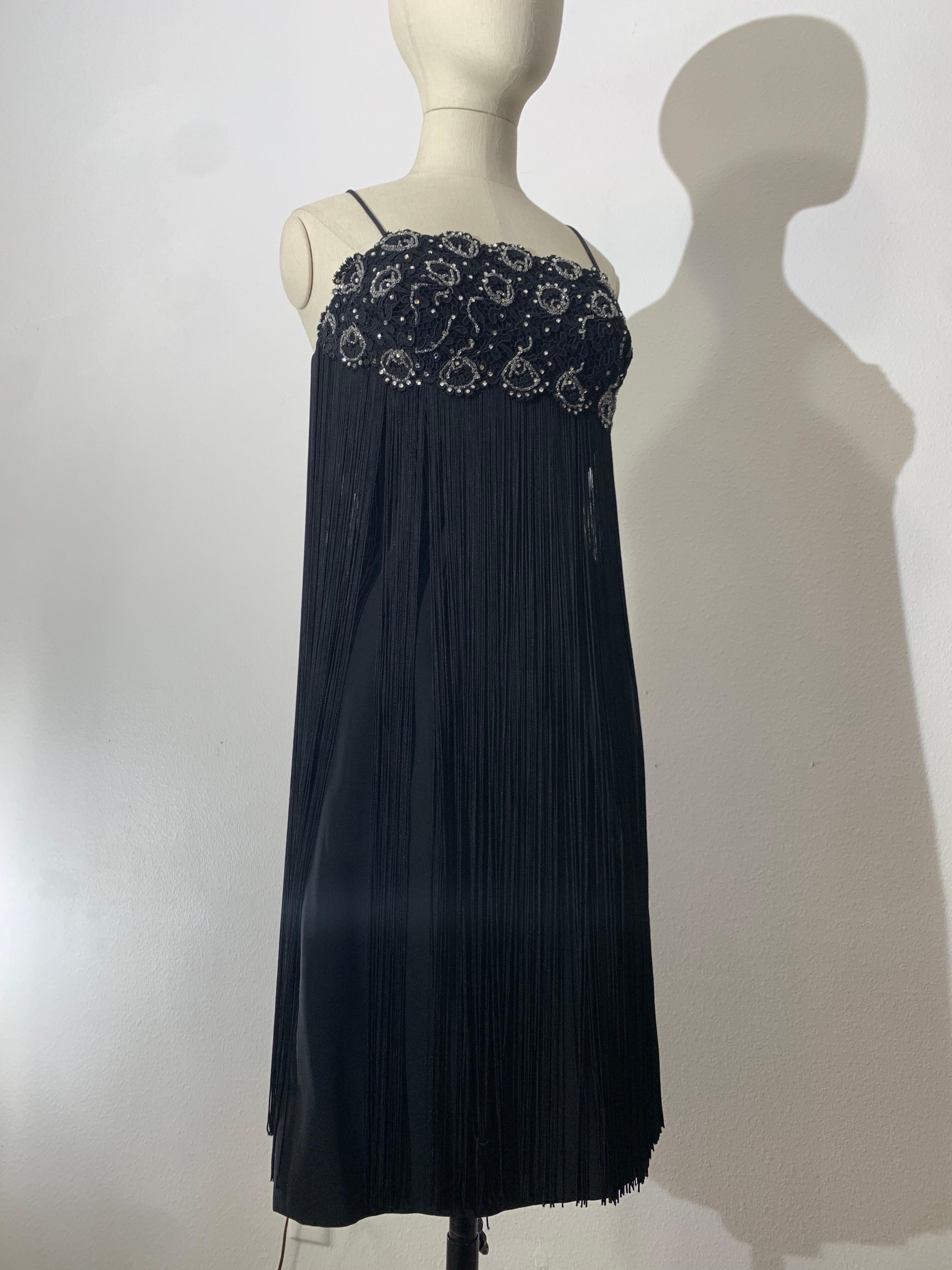 1960s Black Beaded Lace Bodice Cocktail Sheath Dress w Outrageous Fringe For Sale 5