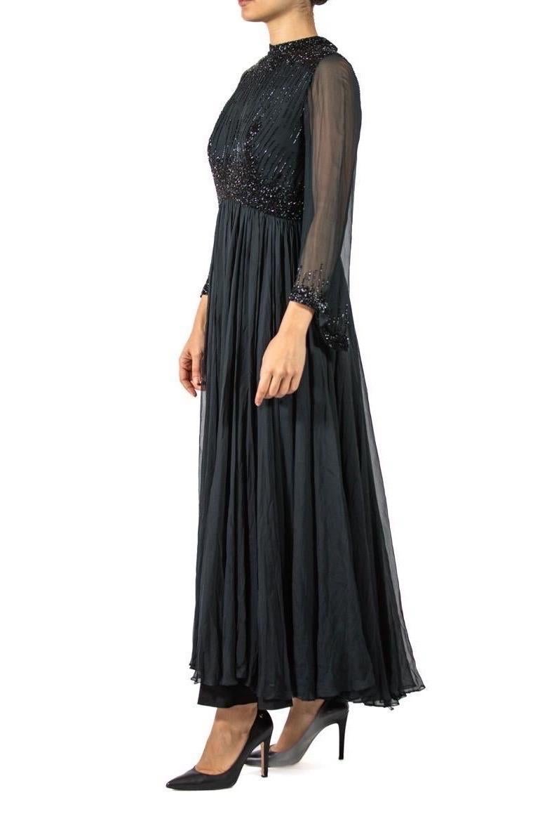 Women's 1960S Black Beaded Silk Chiffon Demi-Empire Waist Gown With Bell Sleeves For Sale