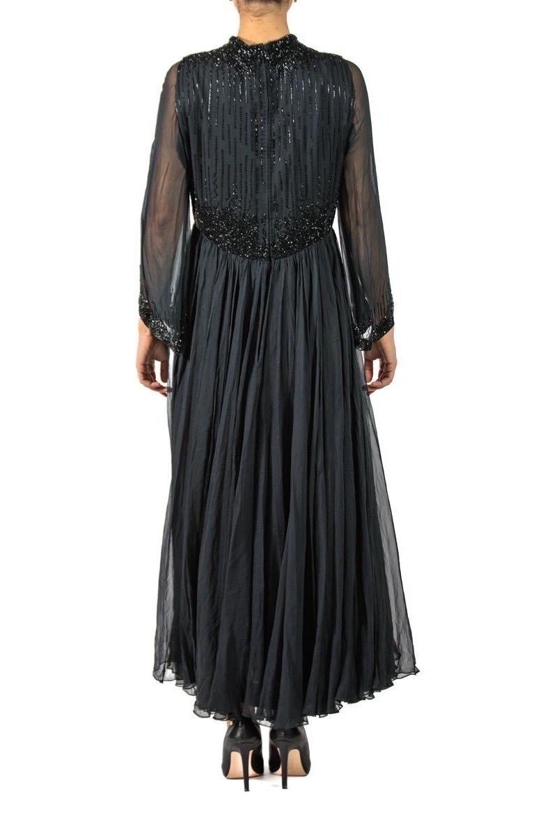 1960S Black Beaded Silk Chiffon Demi-Empire Waist Gown With Bell Sleeves For Sale 3
