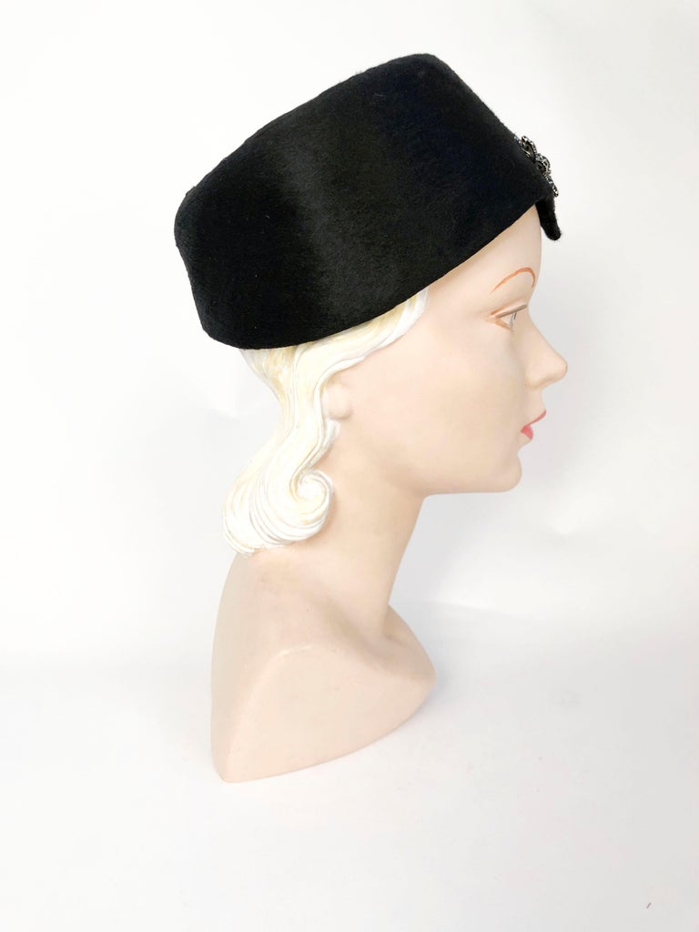 Women's 1960's Black Beaver Felt Modified Pillbox Hat For Sale