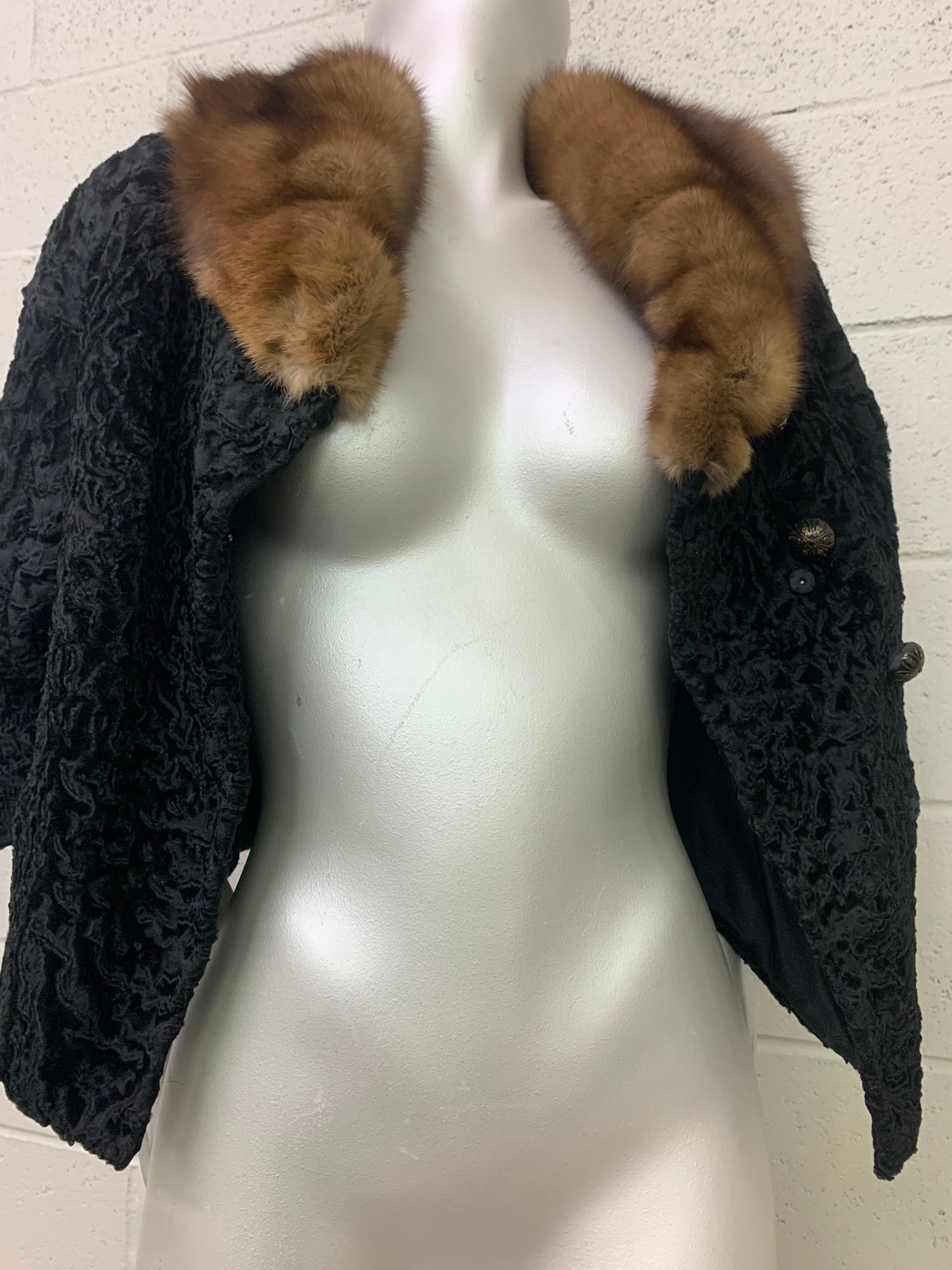 1960s Black Broadtail Lamb Cropped Jacket w/ Brown Sable Collar For Sale 5