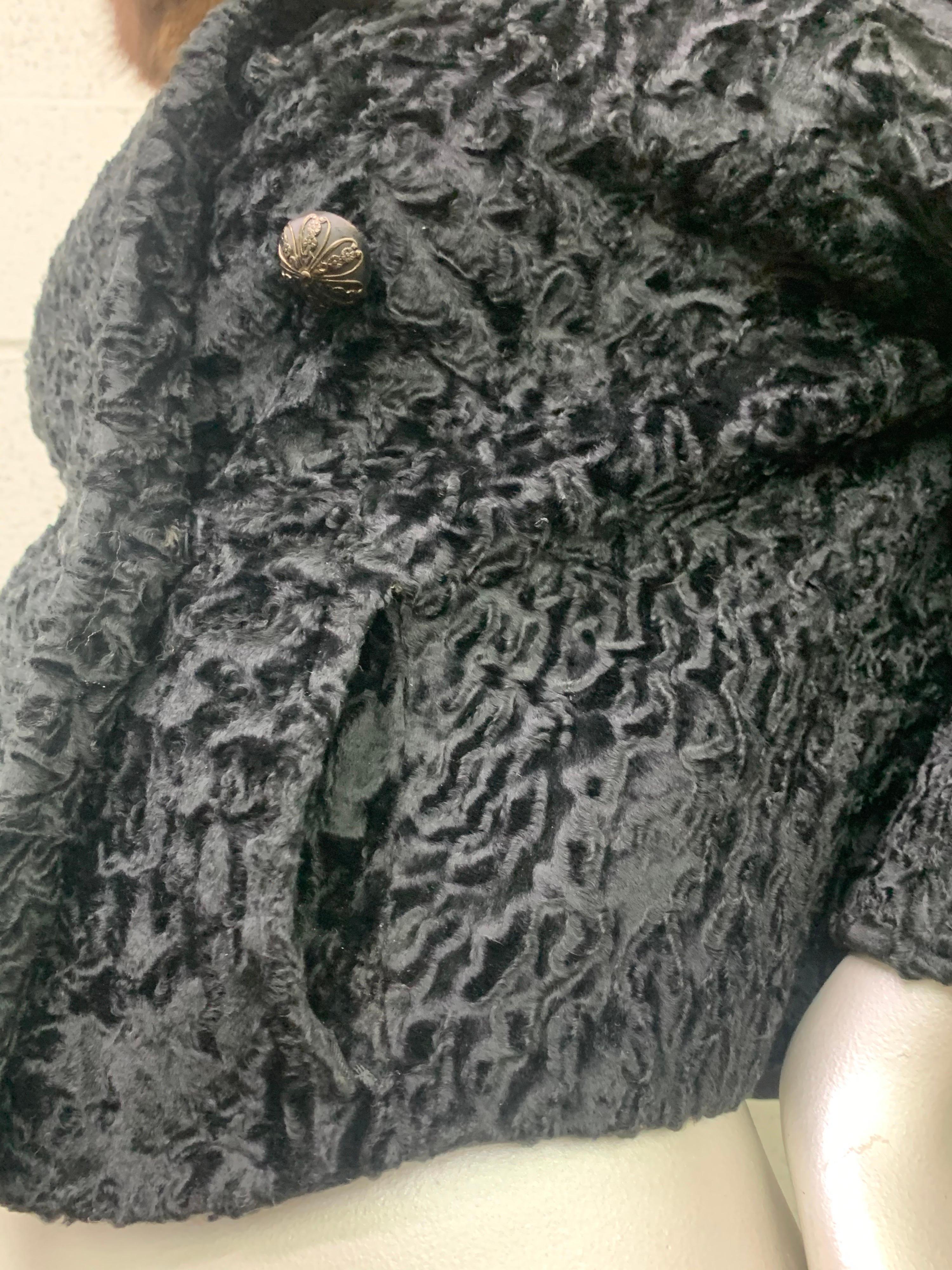 1960s Black Broadtail Lamb Cropped Jacket w/ Brown Sable Collar For Sale 1